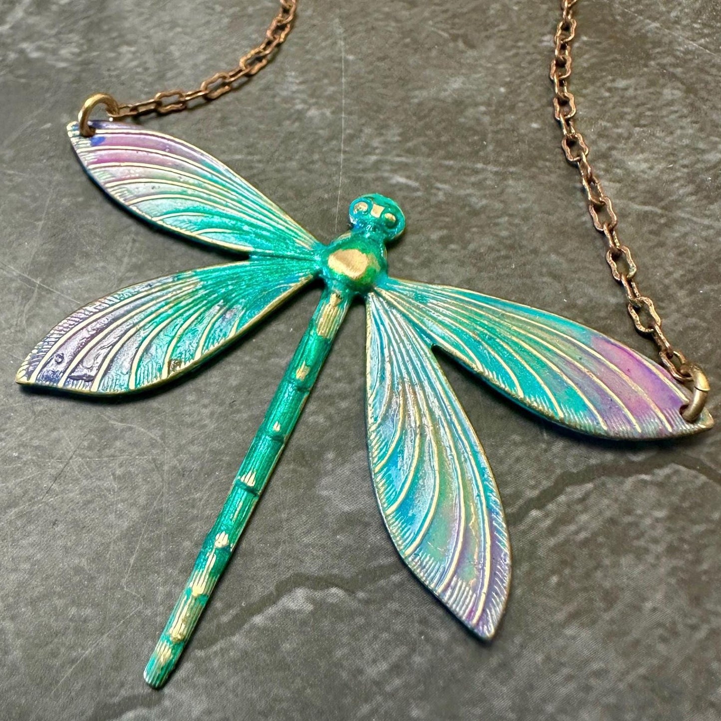 Enamel Dragonfly Necklace - Handmade Solid Brass Rainbow Hand Patina