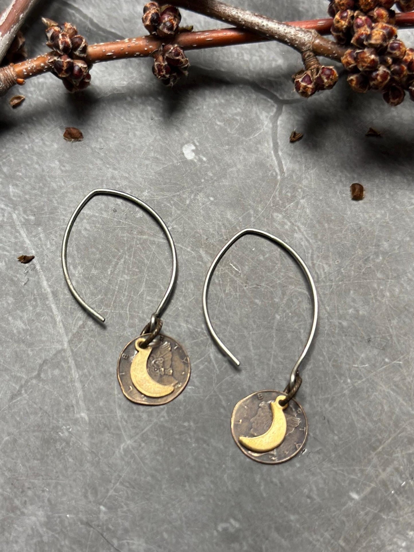 Crescent Moon Coin Earrings - Handmade Solid Beaten Brass