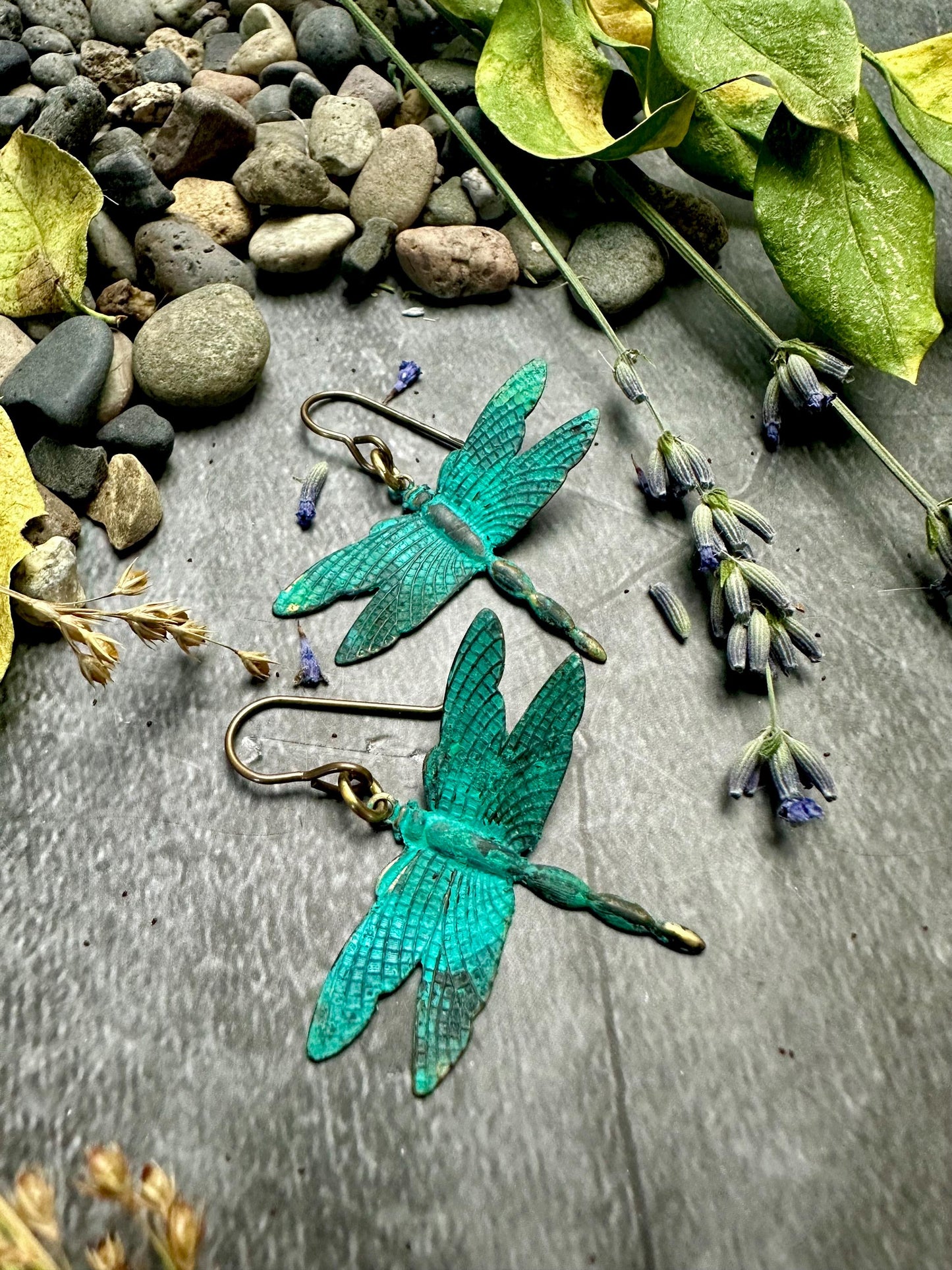 Dragonfly Drop Earrings- Handmade Solid Brass Hand Patina