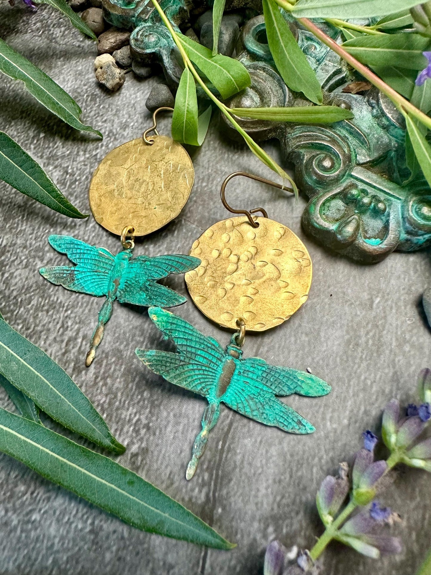 Dragonfly Sun Earrings- Handmade Solid Beaten Brass Hand Patina
