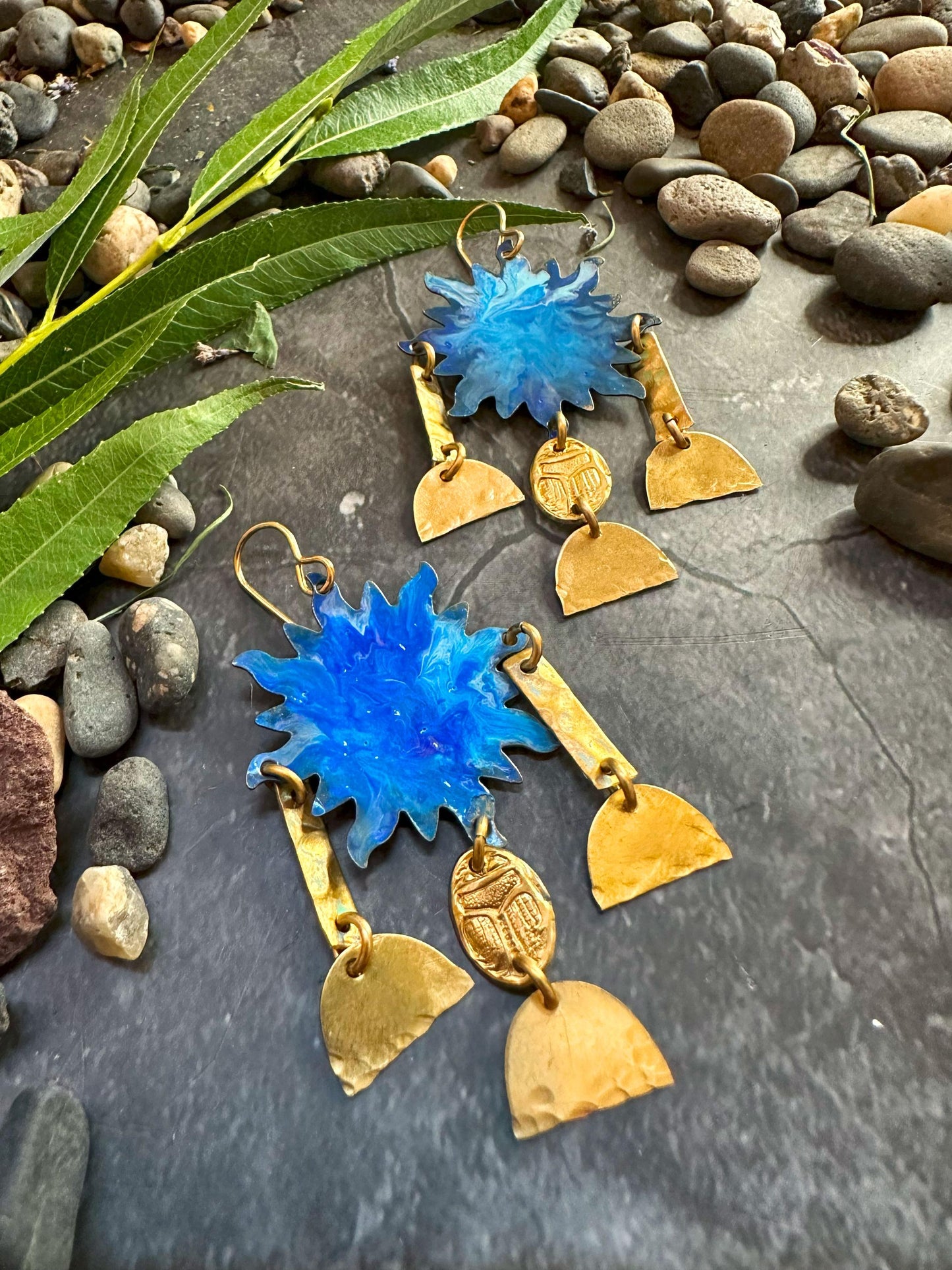 Sun Goddess Earrings - Handmade Solid Beaten Brass Hand Patina