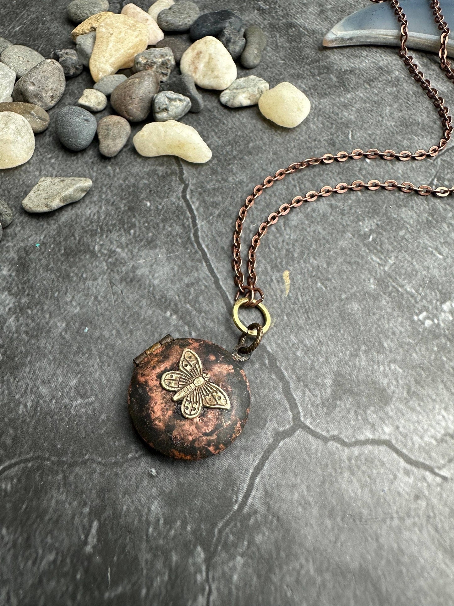 Vintage Brass Oxodized Butterfly Locket Necklace