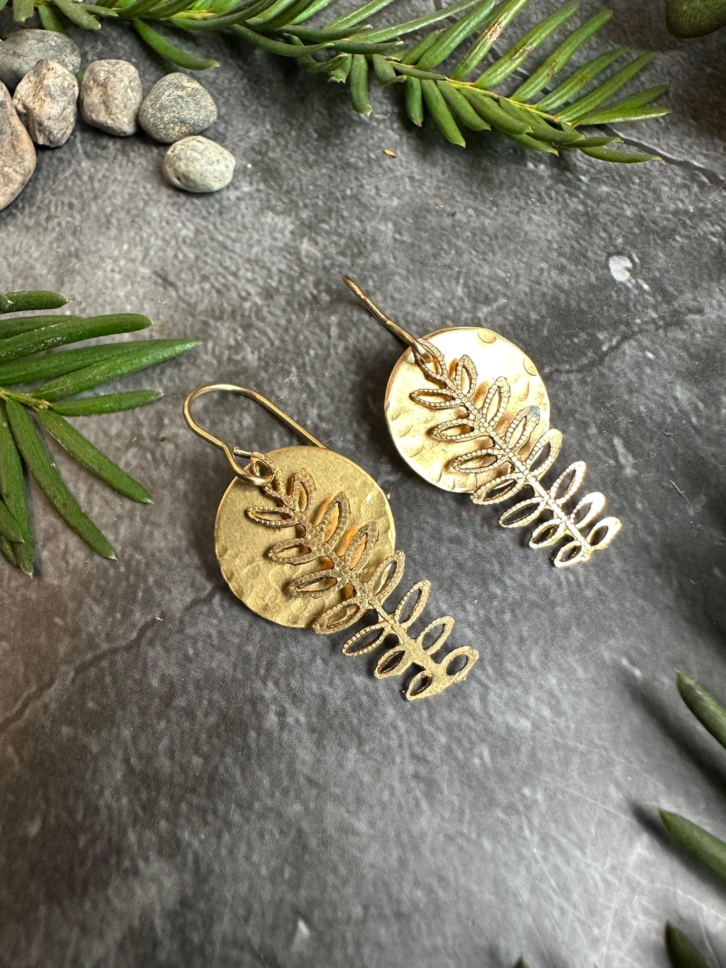 Fern Moon Earrings - Handmade Solid Hammered Brass