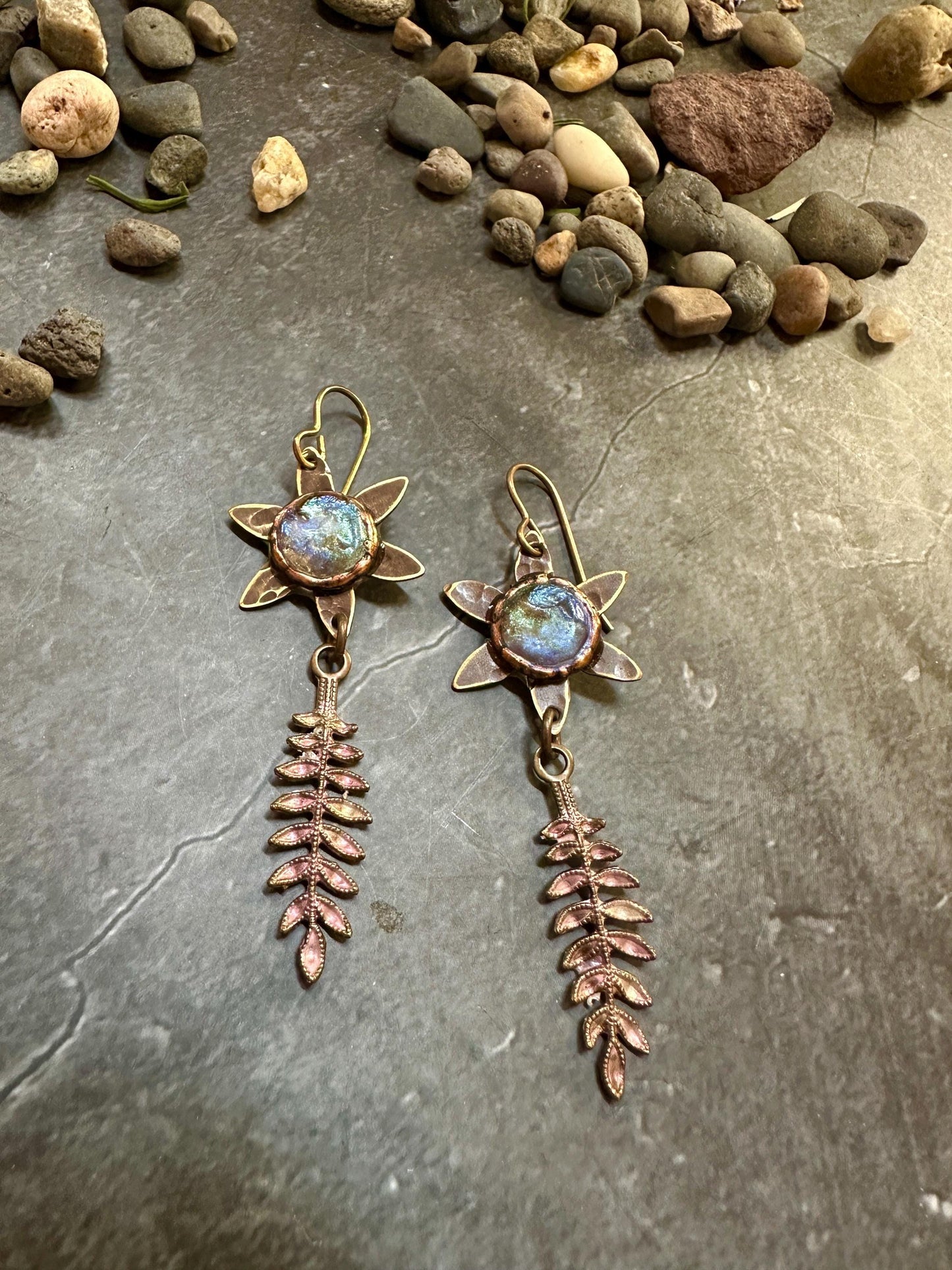Dewdrop Fern Forest Earrings- Handmade Solid Beaten Brass Iridescent Hand Patina