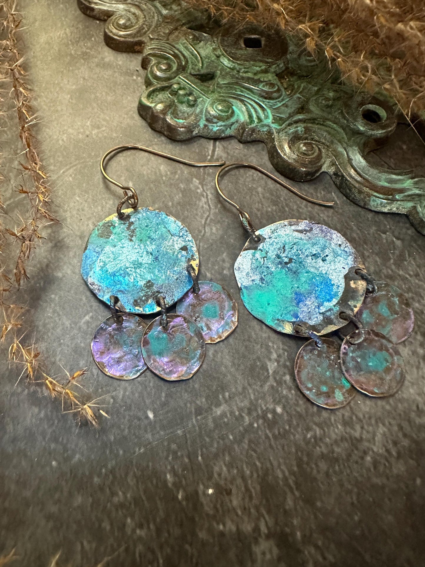 Mermaid Coin Earrings- Hand Patina Handmade Solid Beaten Brass Iridescent Patina