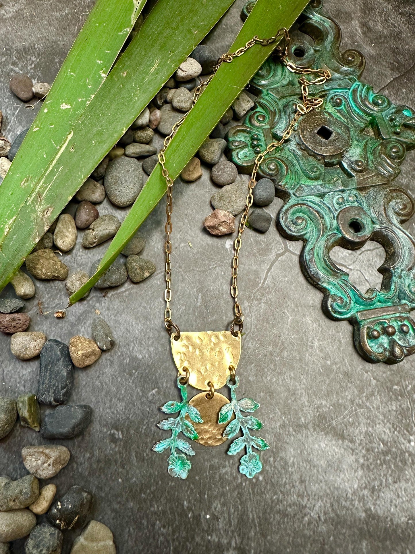 Moon Flower Necklace- Hand Hammered Solid Brass, Hand Patina- 16in