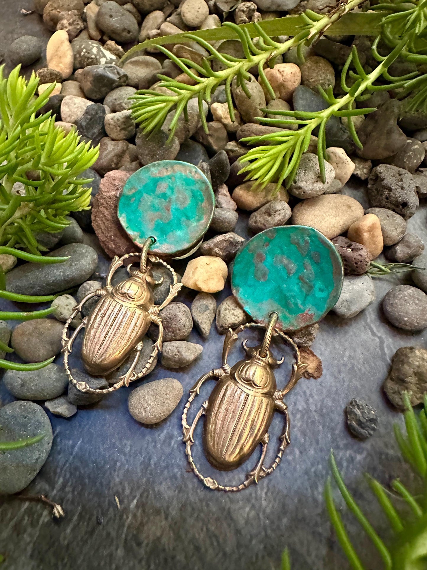 Scarab Moon Post Earrings- Handmade Solid Vintage Tooled Brass Hand Patina