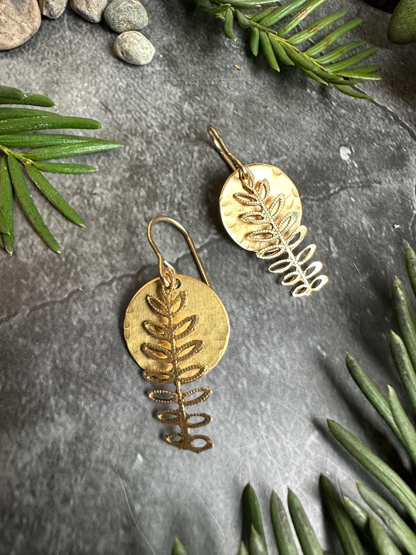 Fern Moon Earrings - Handmade Solid Hammered Brass