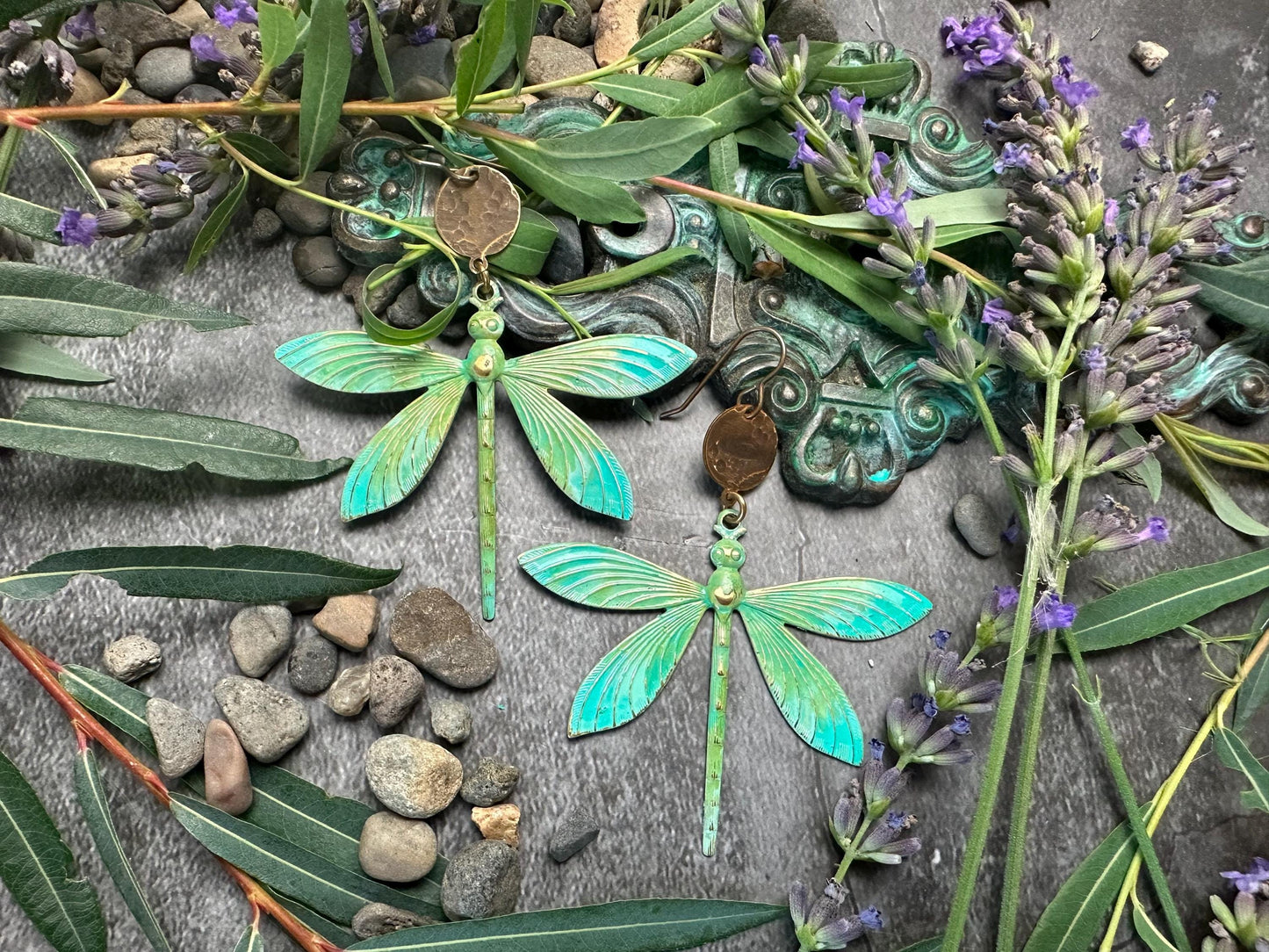 Radiant Dragonfly Earrings - Handmade Solid Beaten Brass Hand Patina