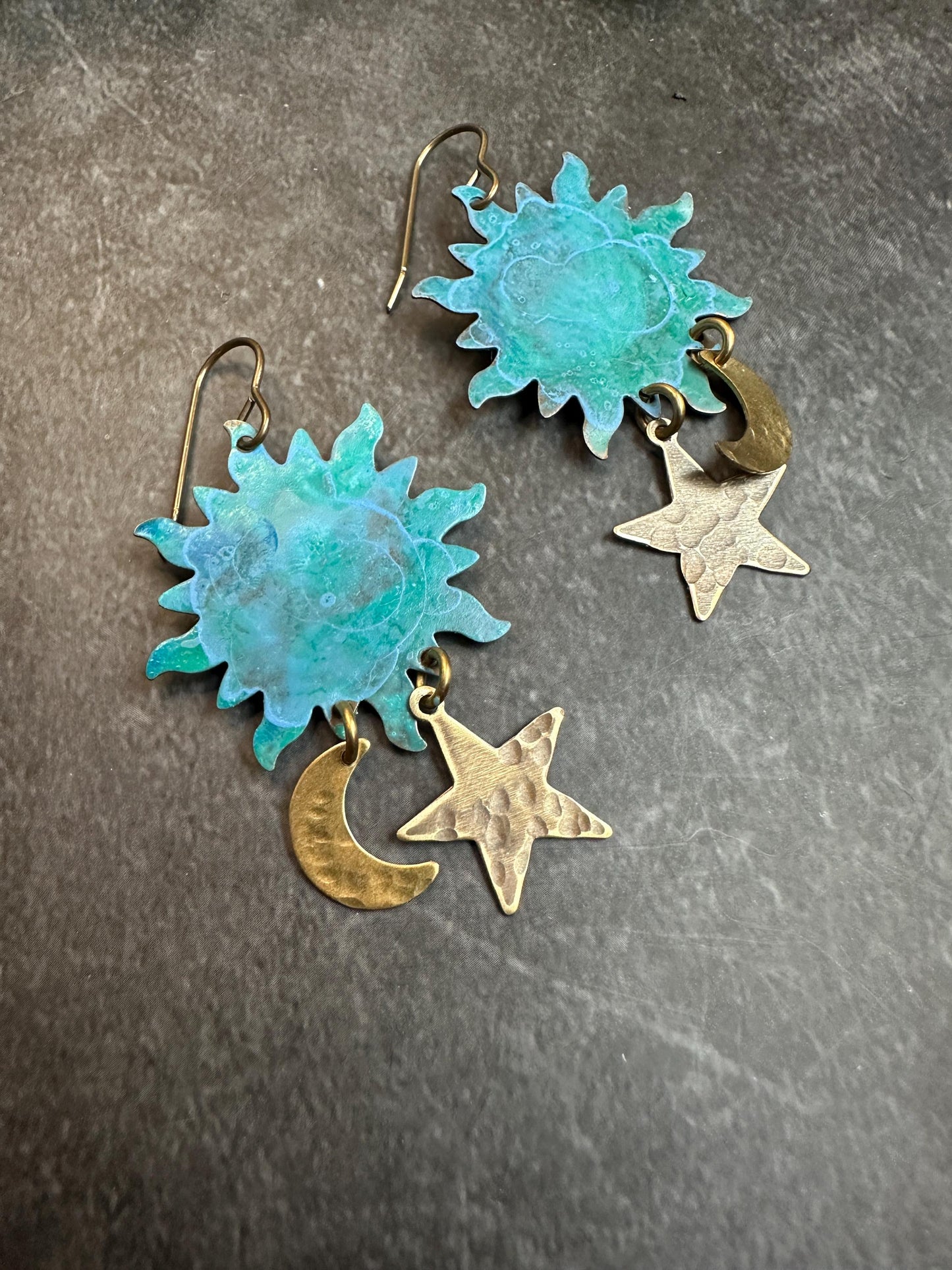 Celestial Sun Moon & Stars Earrings - Handmade Solid Beaten Brass Hand Patina