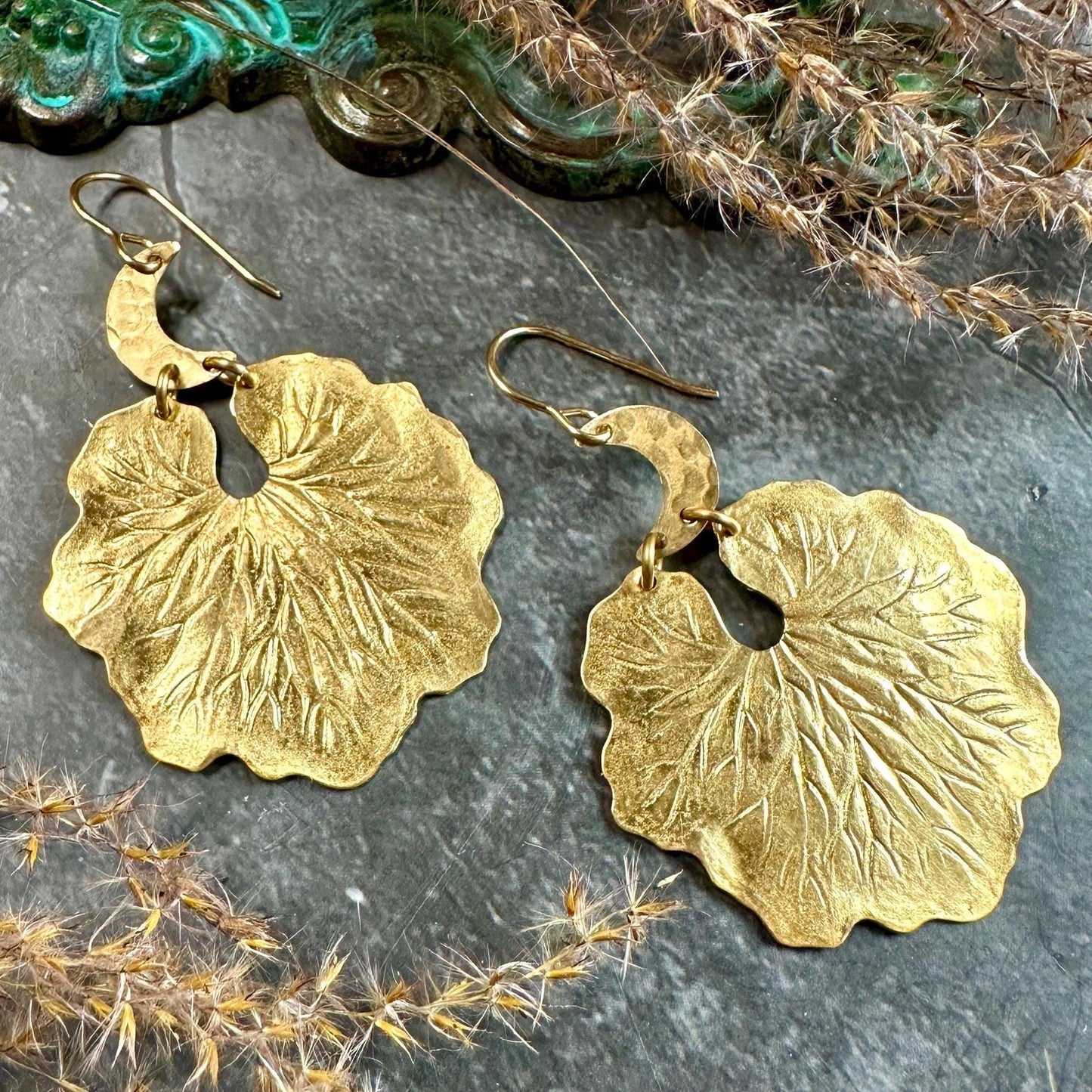 Crescent Moon Lilypad Leaf Earrings- Nouveau Handmade Beaten Solid Brass