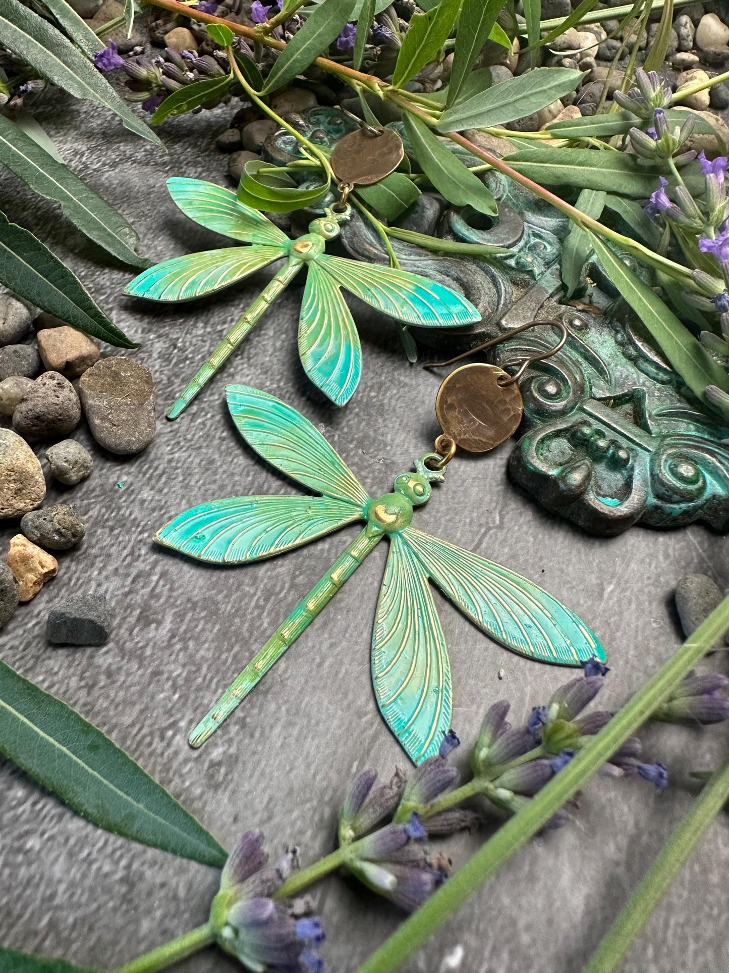 Radiant Dragonfly Earrings - Handmade Solid Beaten Brass Hand Patina