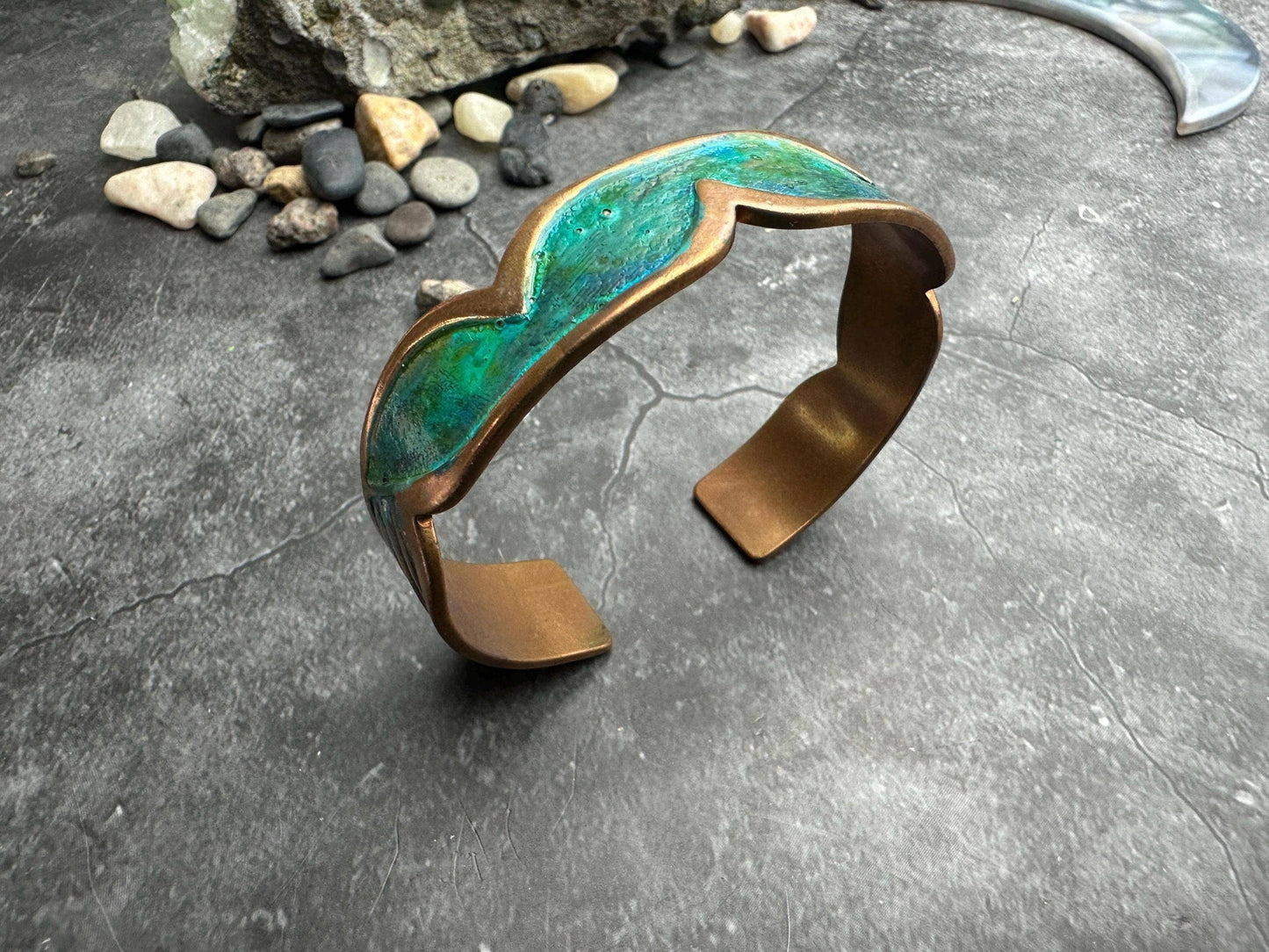 Brass Cuff Bracelet with Blue Green Hand Patina- Art Deco