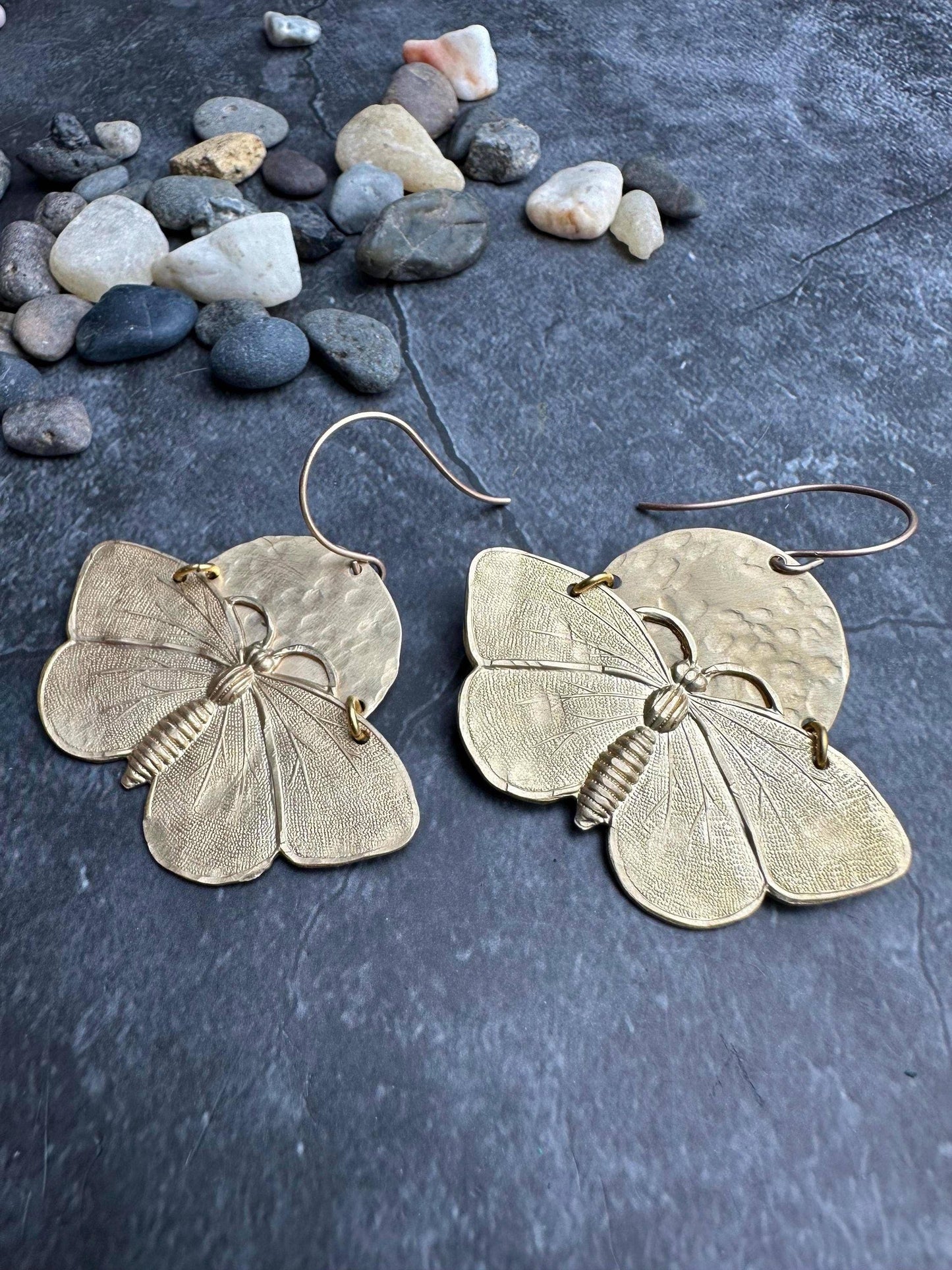 Lunar Moth Earrings - Handcrafted Solid Beaten Brass