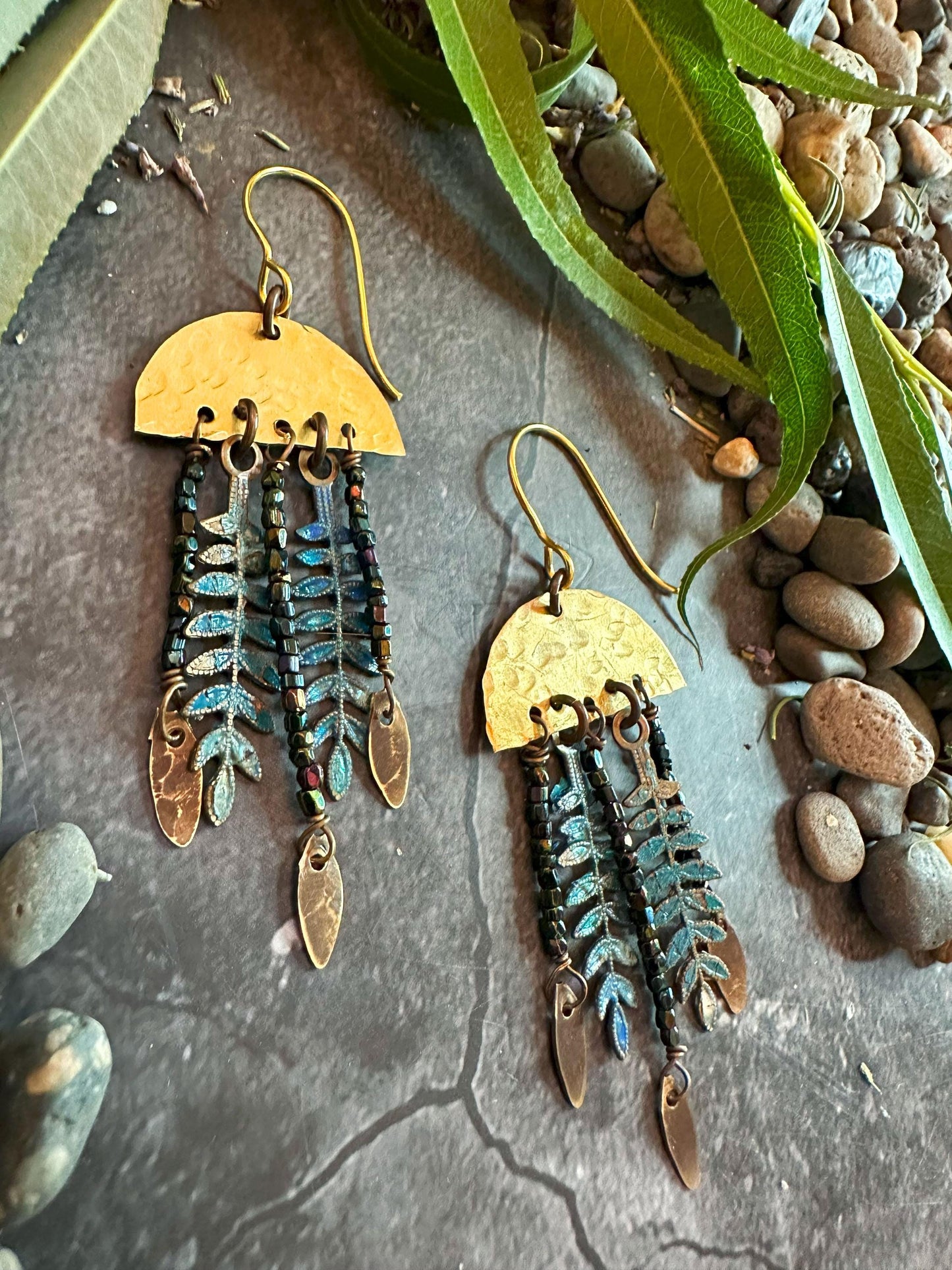 Midnight Fern Fringe Earrings - Handmade Solid Beaten Brass Beaded Hand Patina