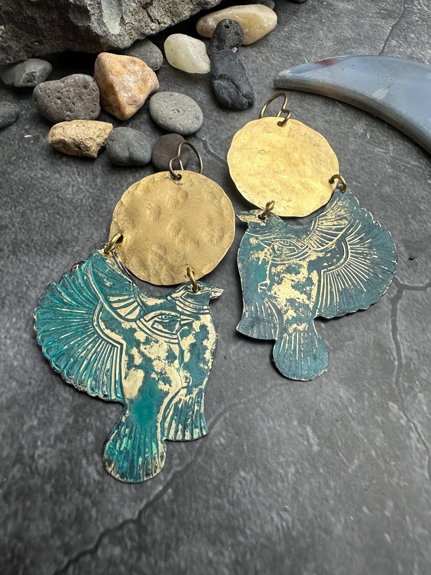 Sunset Raven Earrings- Handmade Beaten Solid Brass