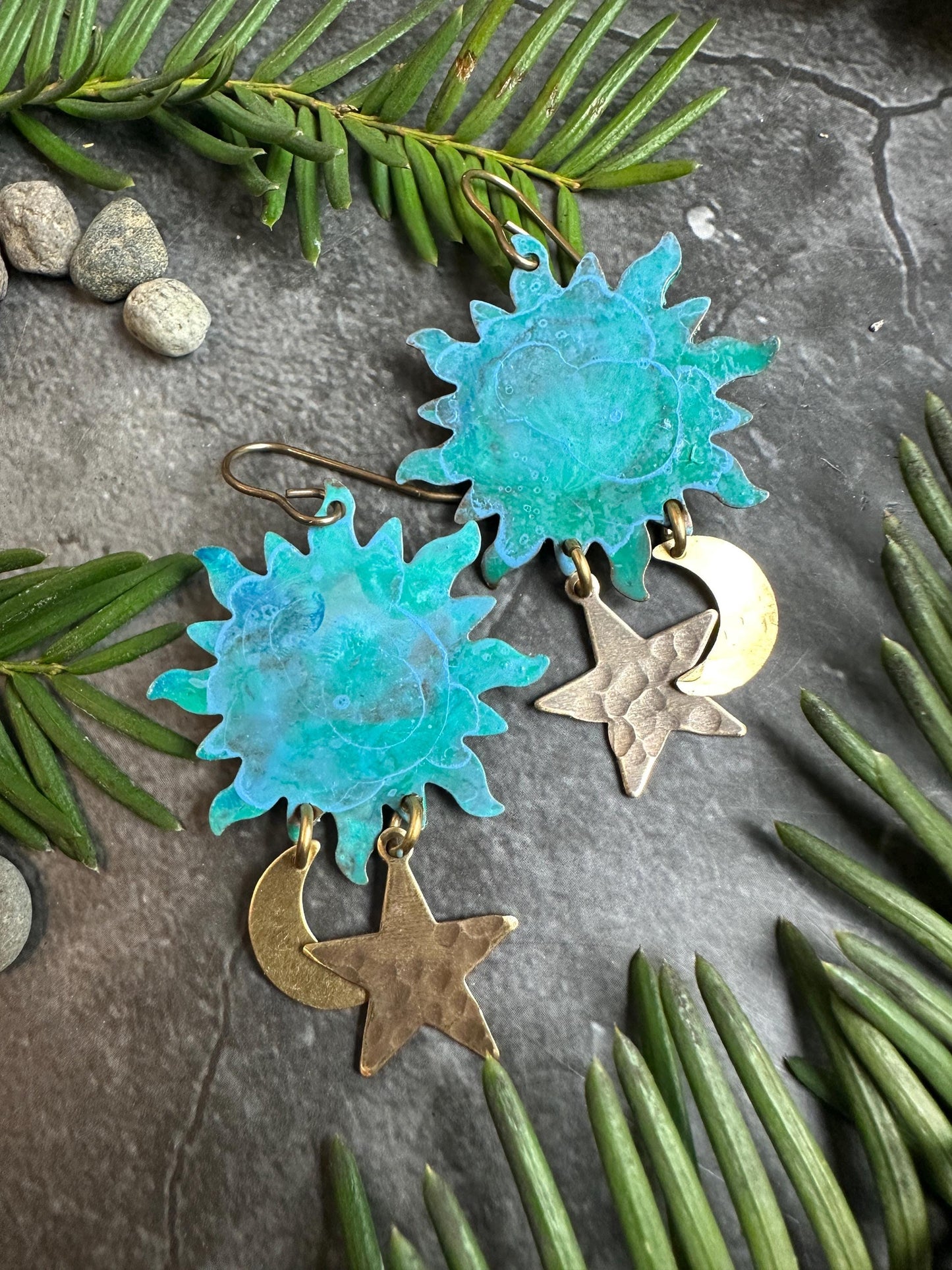 Celestial Sun Moon & Stars Earrings - Handmade Solid Beaten Brass Hand Patina