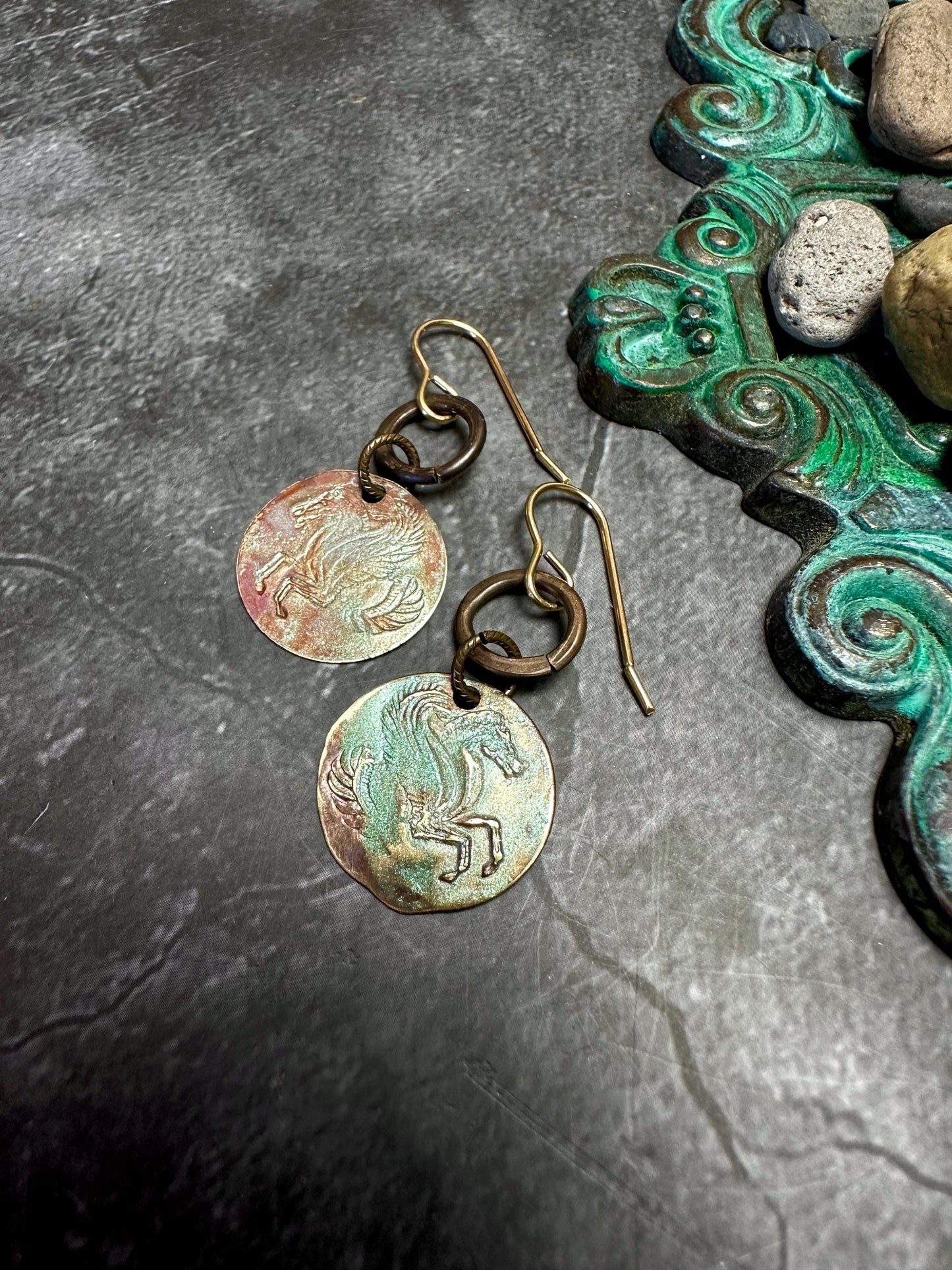 Pegasus Petite Coin Earrings- Handmade Solid Beaten Brass Iridescent Hand Patina