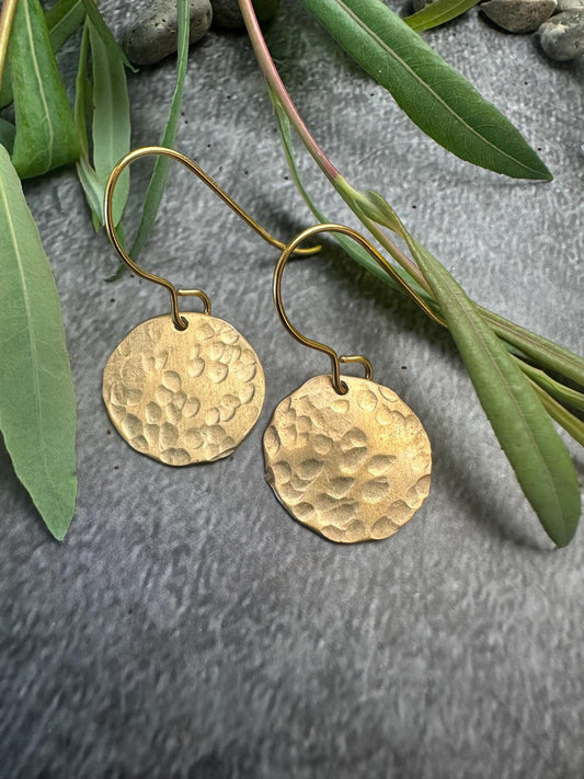 Hammered Disc Earrings - Handmade Solid Beaten Brass