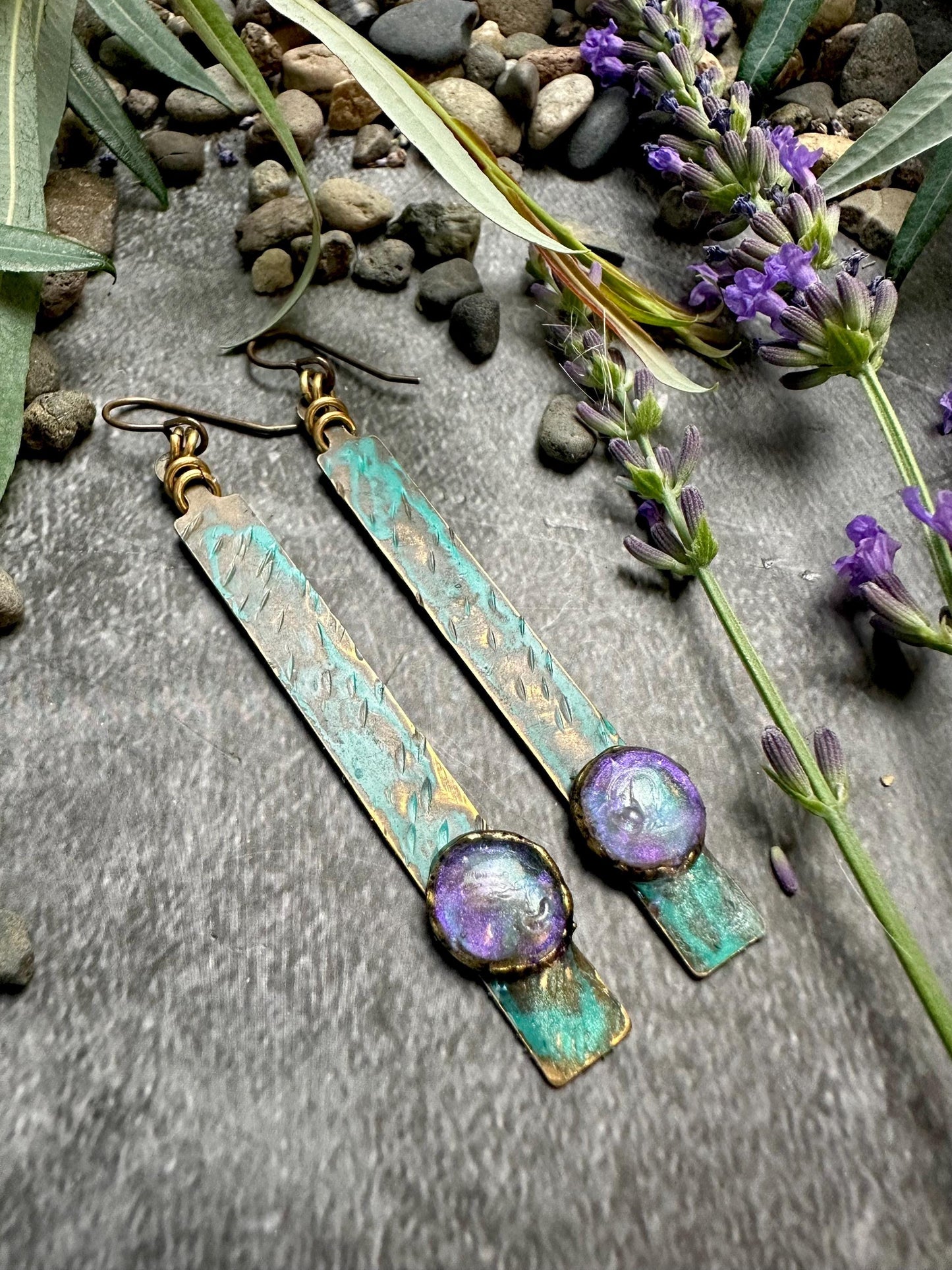 Gleaming Pool Rectangle Earrings- Handmade Beaten Brass with Hand Colored Iridescent Resin