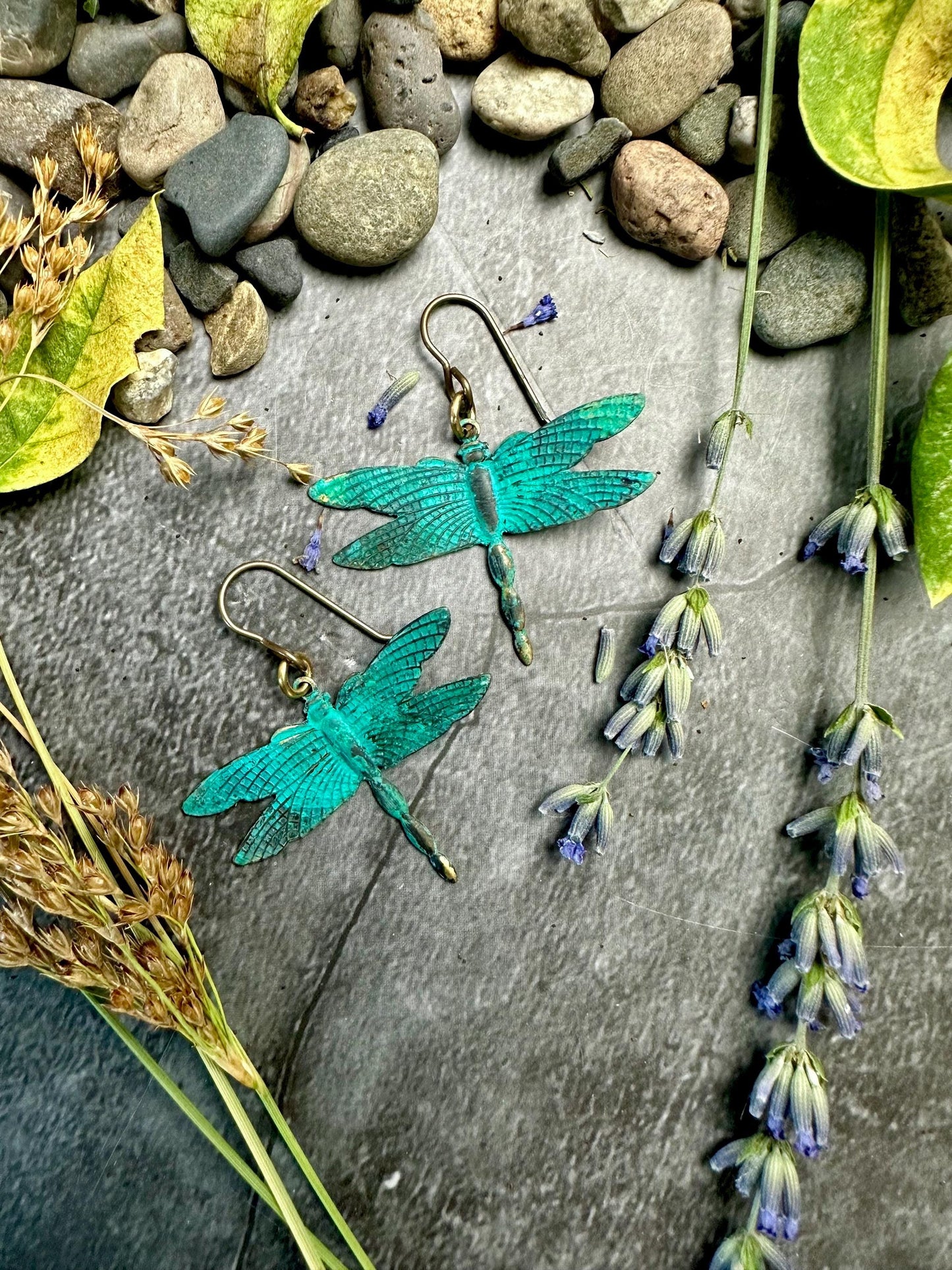 Dragonfly Drop Earrings- Handmade Solid Brass Hand Patina