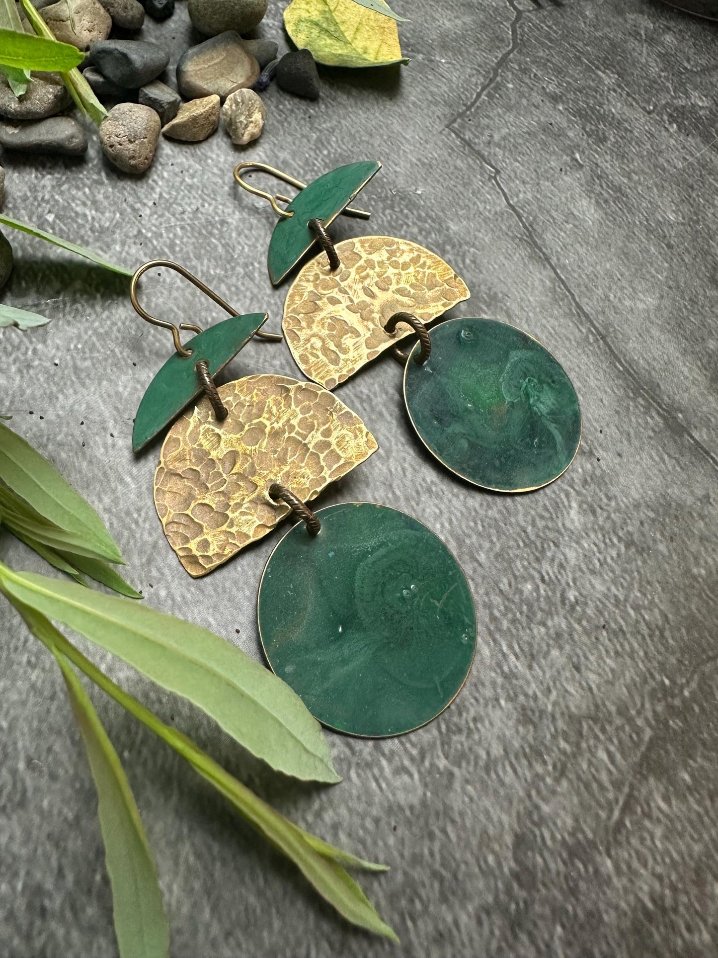 Geometric Shape Earrings - Handmade Solid Hammered Brass Green Hand Patina