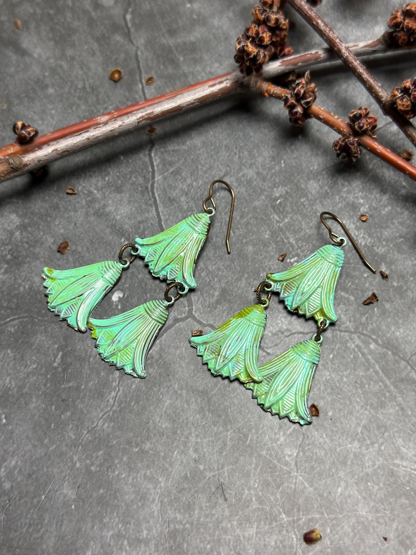 Lotus Drops Earrings- Handmade Beaten Solid Brass- Green Patina