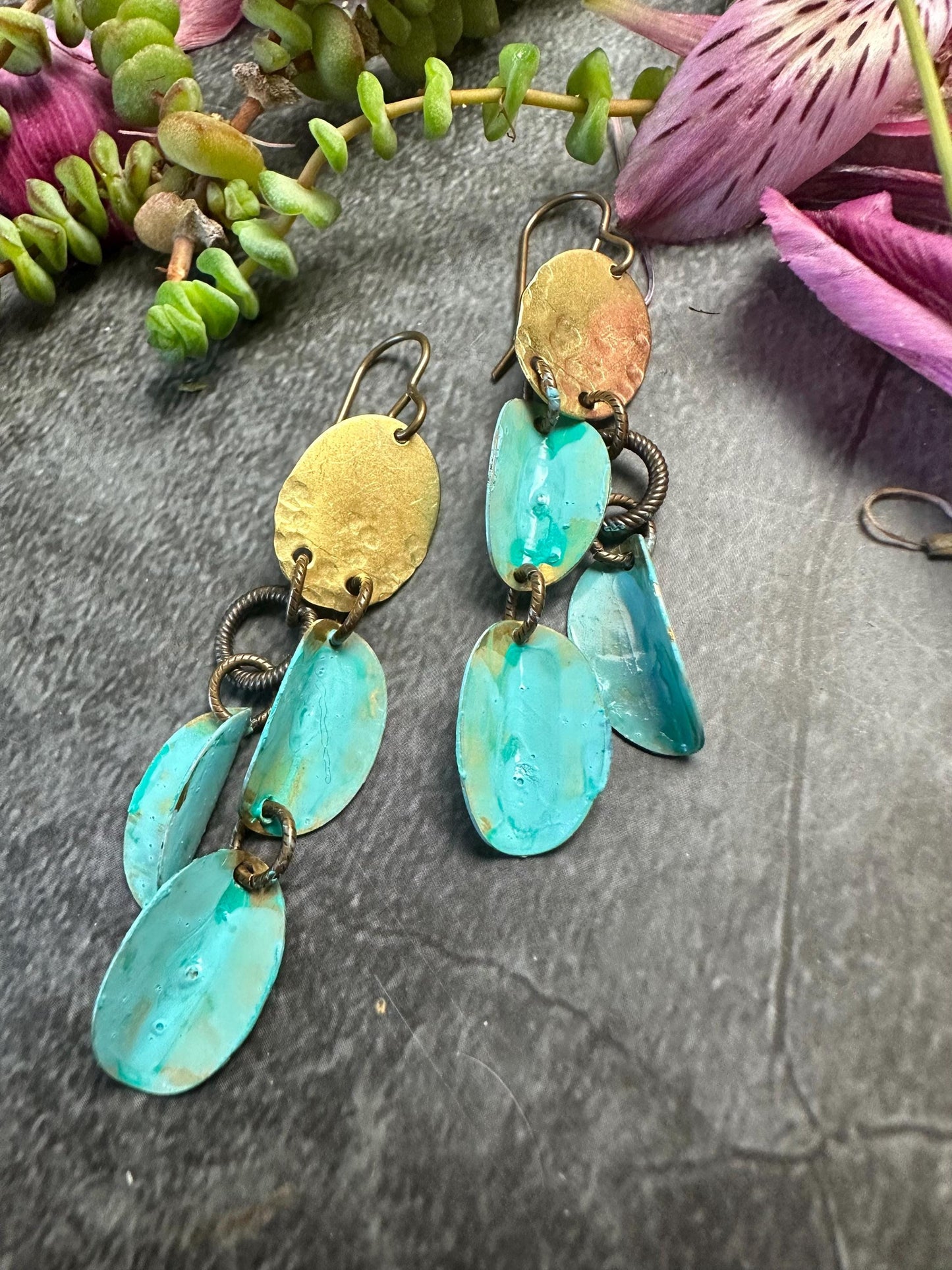 Falling Petals - Handmade Solid Beaten Brass Hand Patina Earrings
