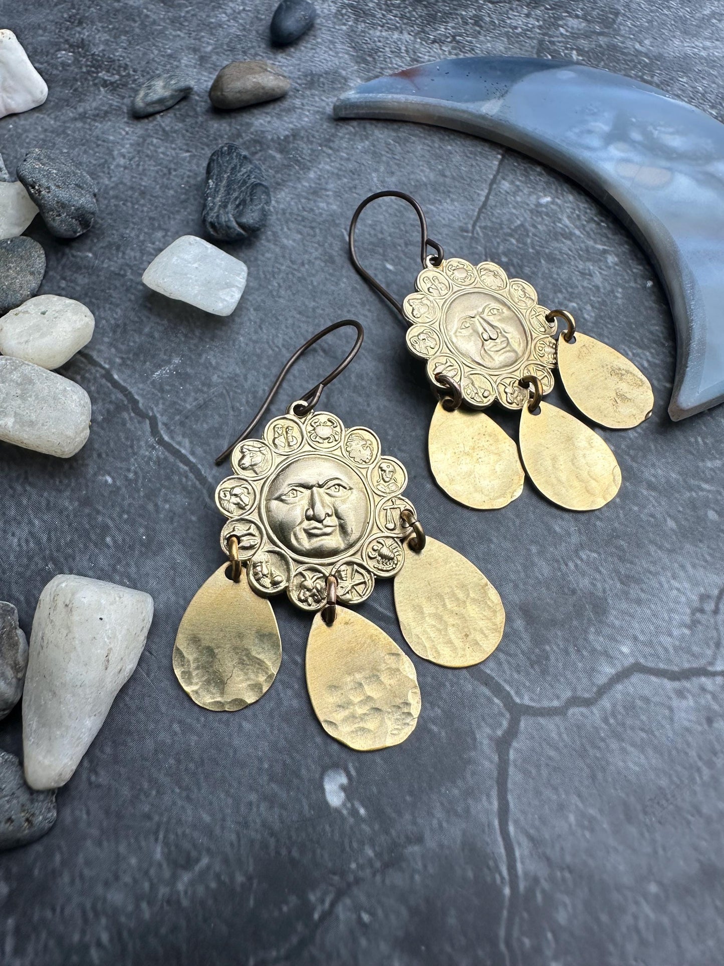 Sun Face Coin Earrings, Brass Celestial Dangle, Vintage Statement Jewelry