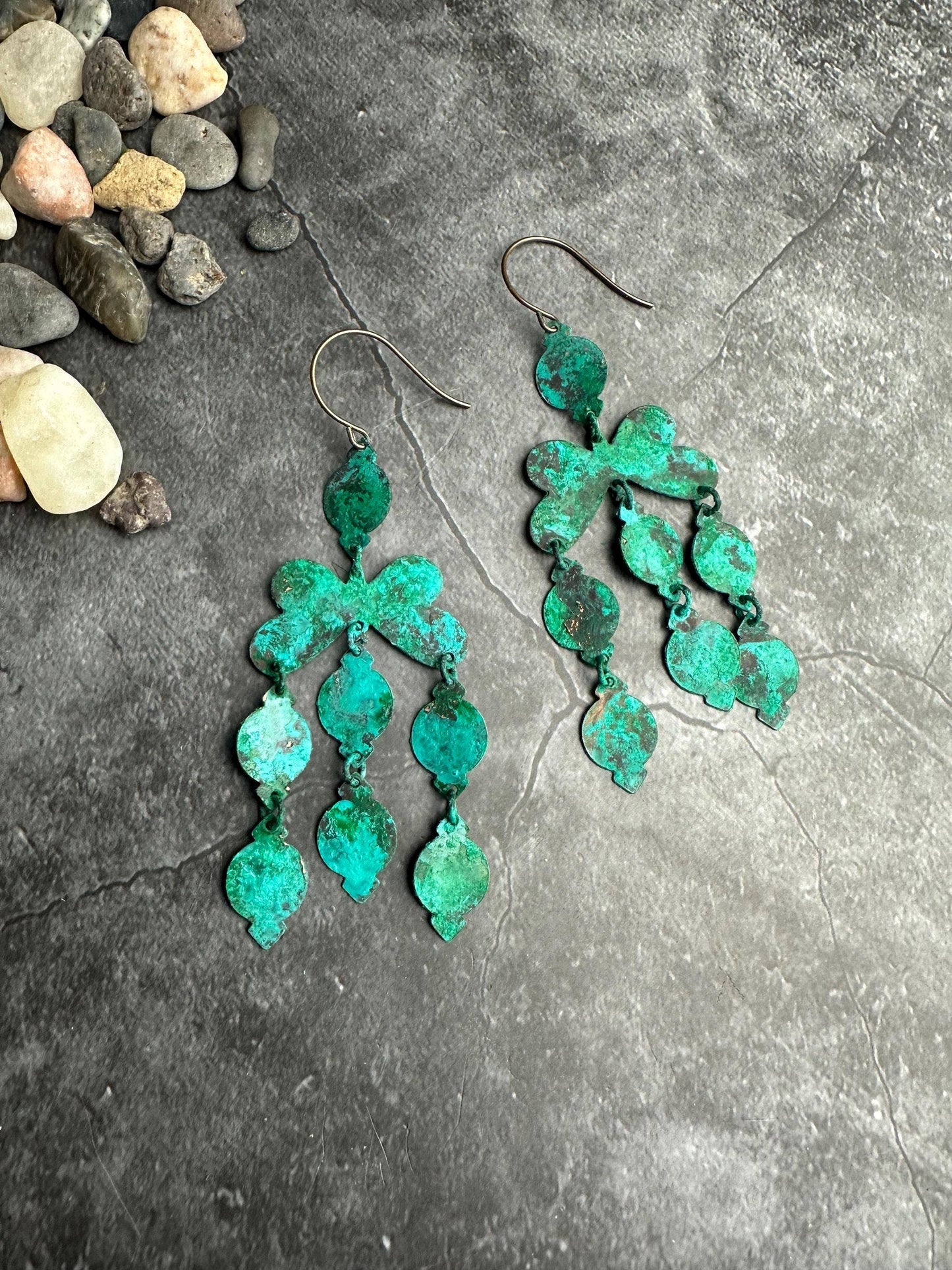 Rustic Silhouette Chandelier Earrings - Brass Green Patina
