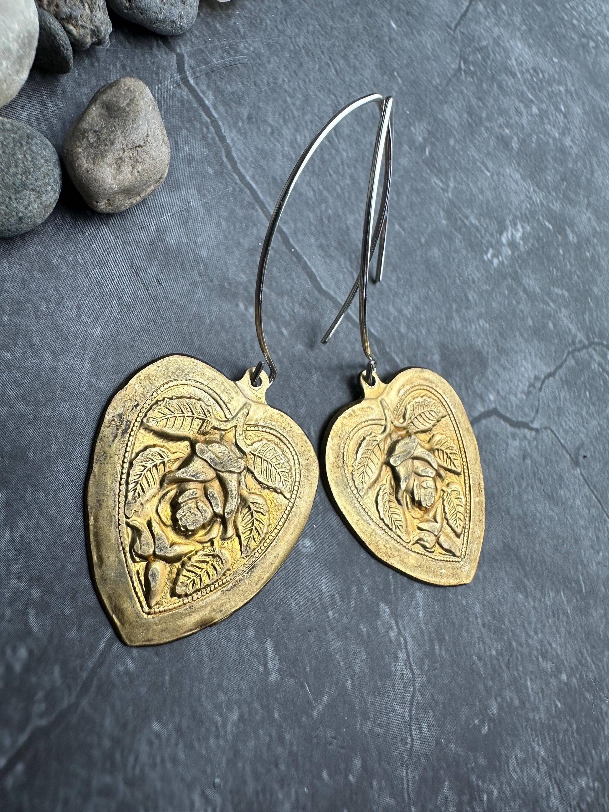 Heart Rose Earrings - Handmade Brass & Silver