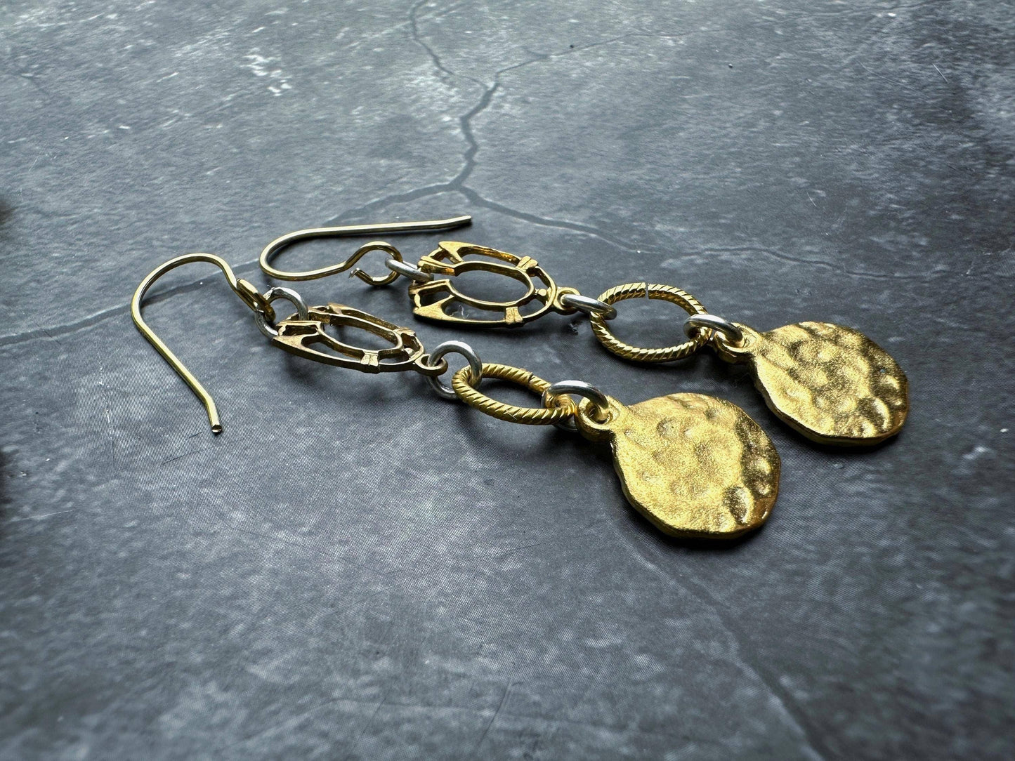 op Disc Earrings - Handmade 10k Gold over Pewter Mixed Metal