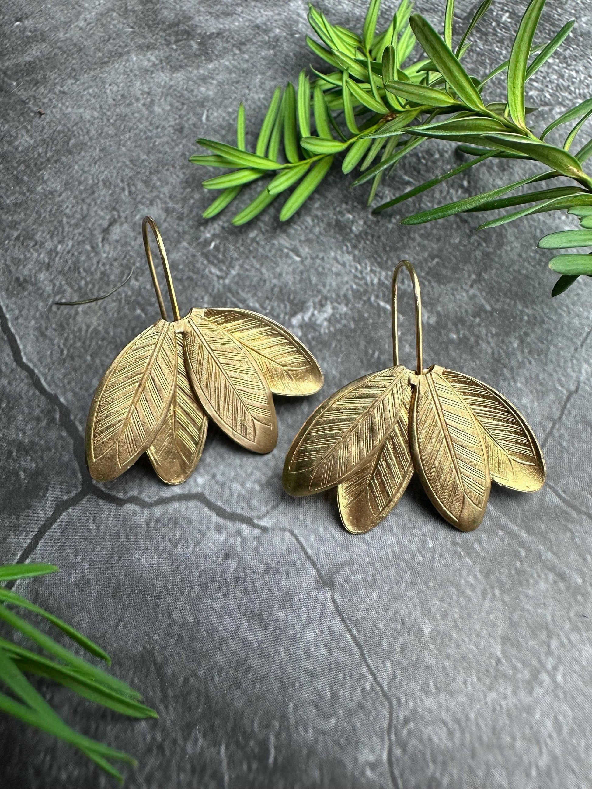 Crushed Petals Earrings - Beaten Solid Brass