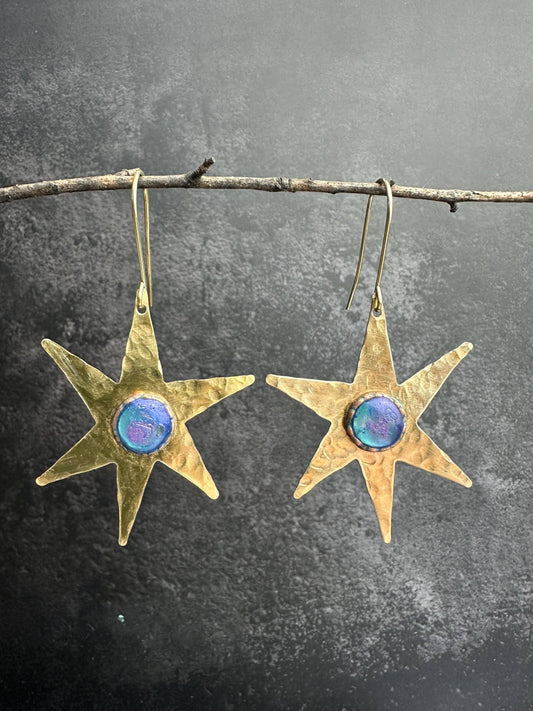 Celestial Star Earrings, Hammered Brass Dangle, Modern Cosmi