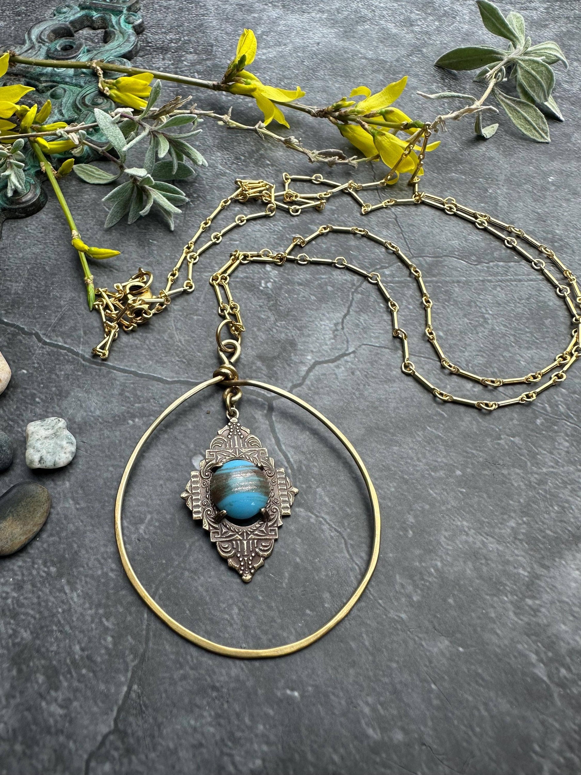 Venetian Glass Hoop Pendant Necklace - Brass Halo Pendant