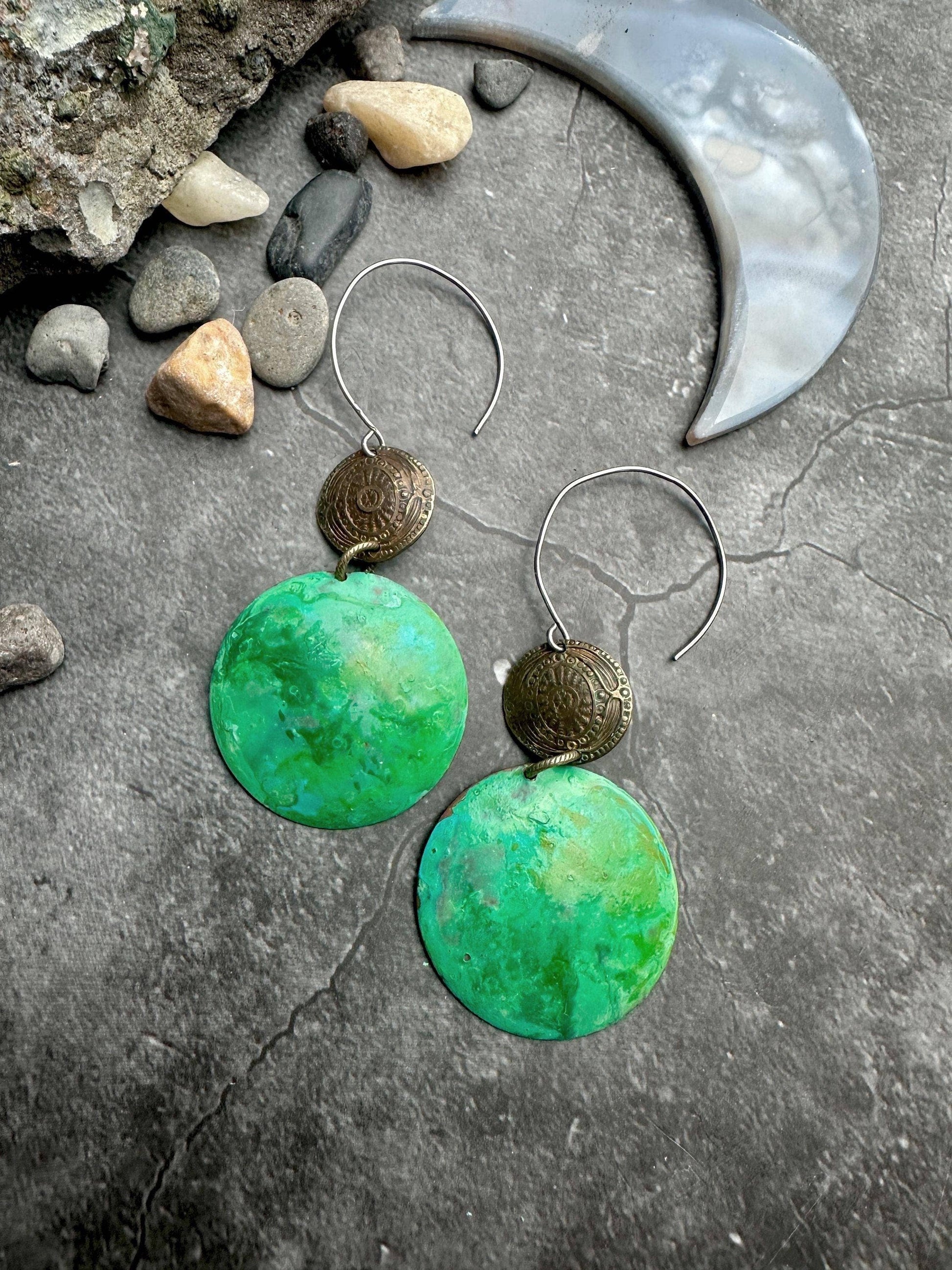 Handcrafted Hammered Green Enamel Dapped Circle Earrings