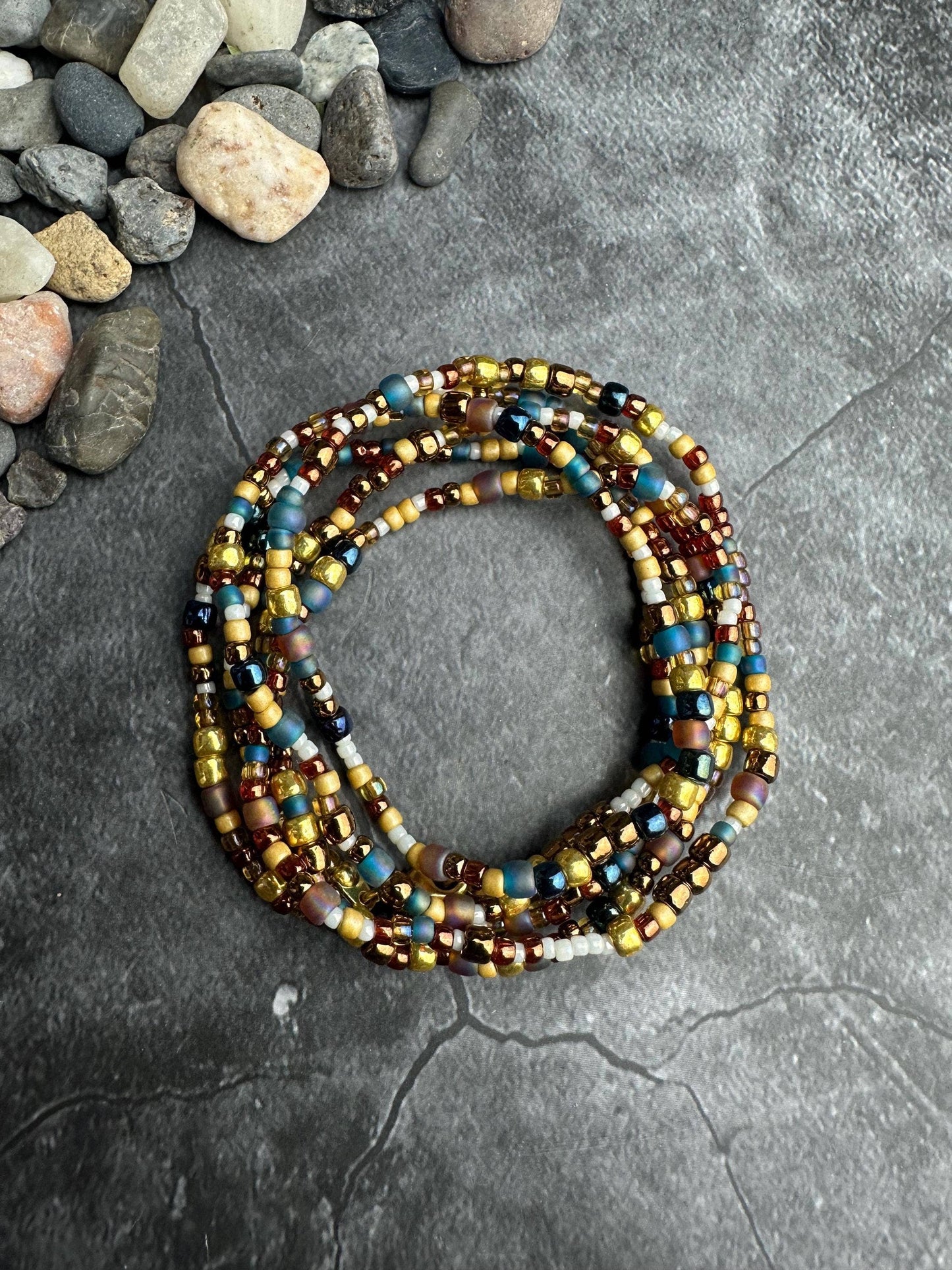 Seed Bead Wrap Bracelet - Blue Gold Layering Bracelet