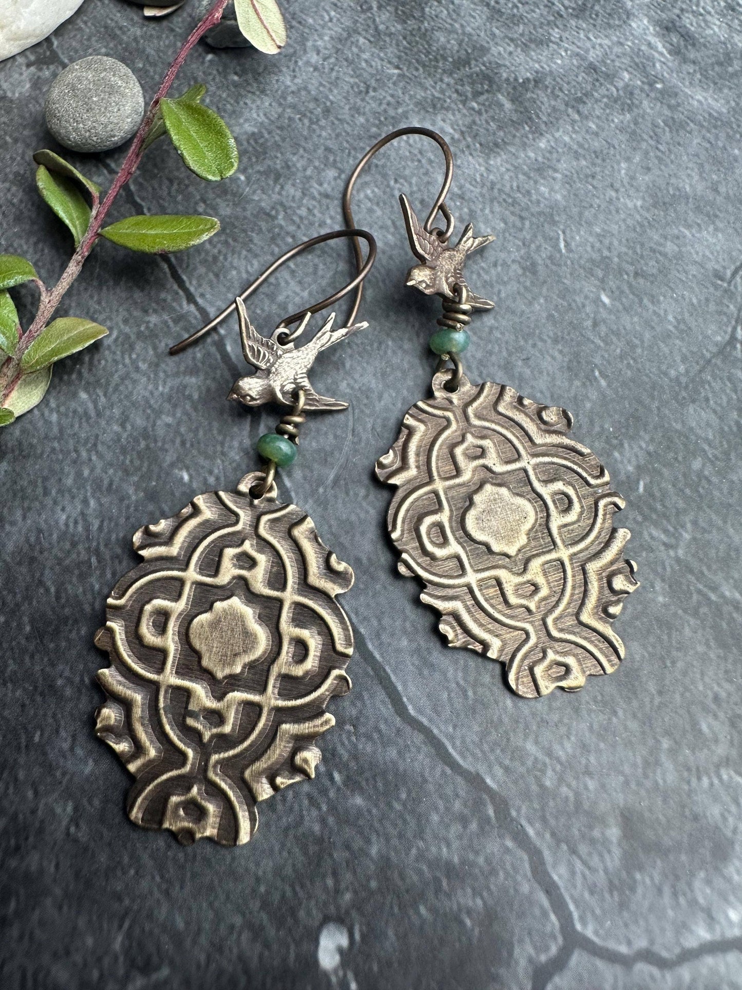 Bird Earrings with Moss Agate