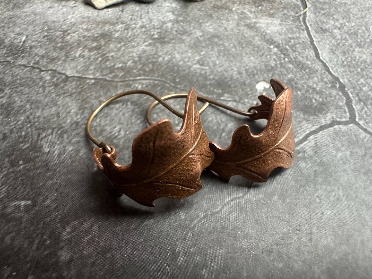 Oak Leaf Mini Hoop Earrings - Hand formed Copper