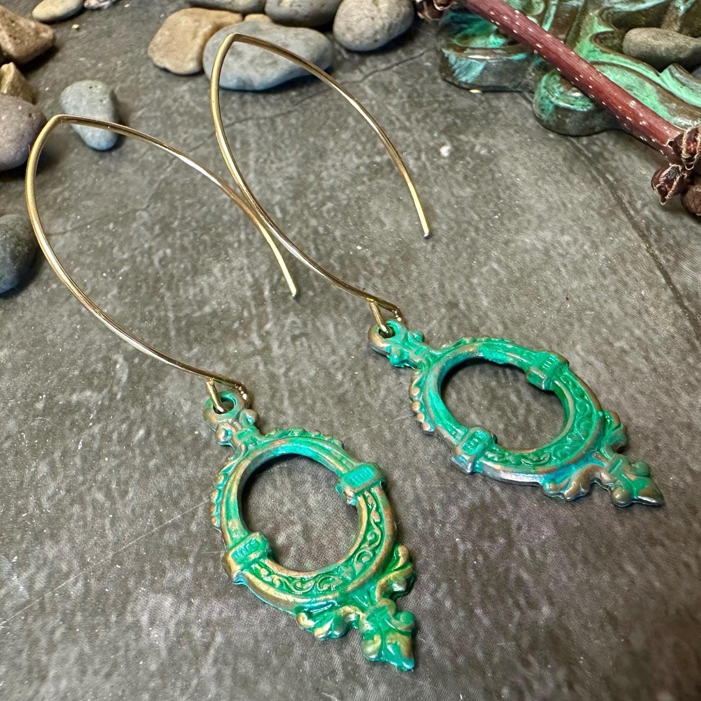 Victorian Frame Earrings Oval Garden Window - Handmade Solid Brass Green Hand Patina