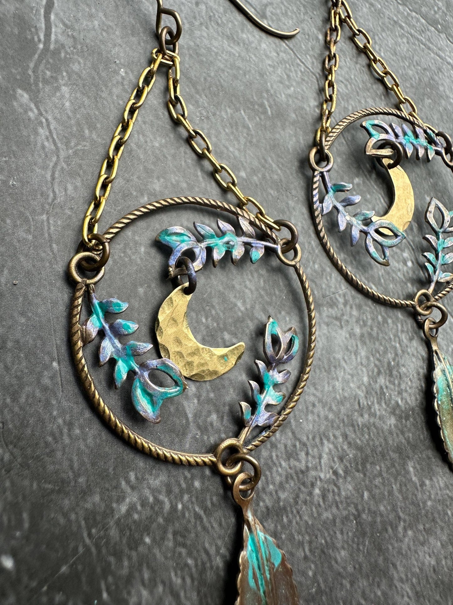 Fern Forest Moon Earrings - Iridescent Patina Brass