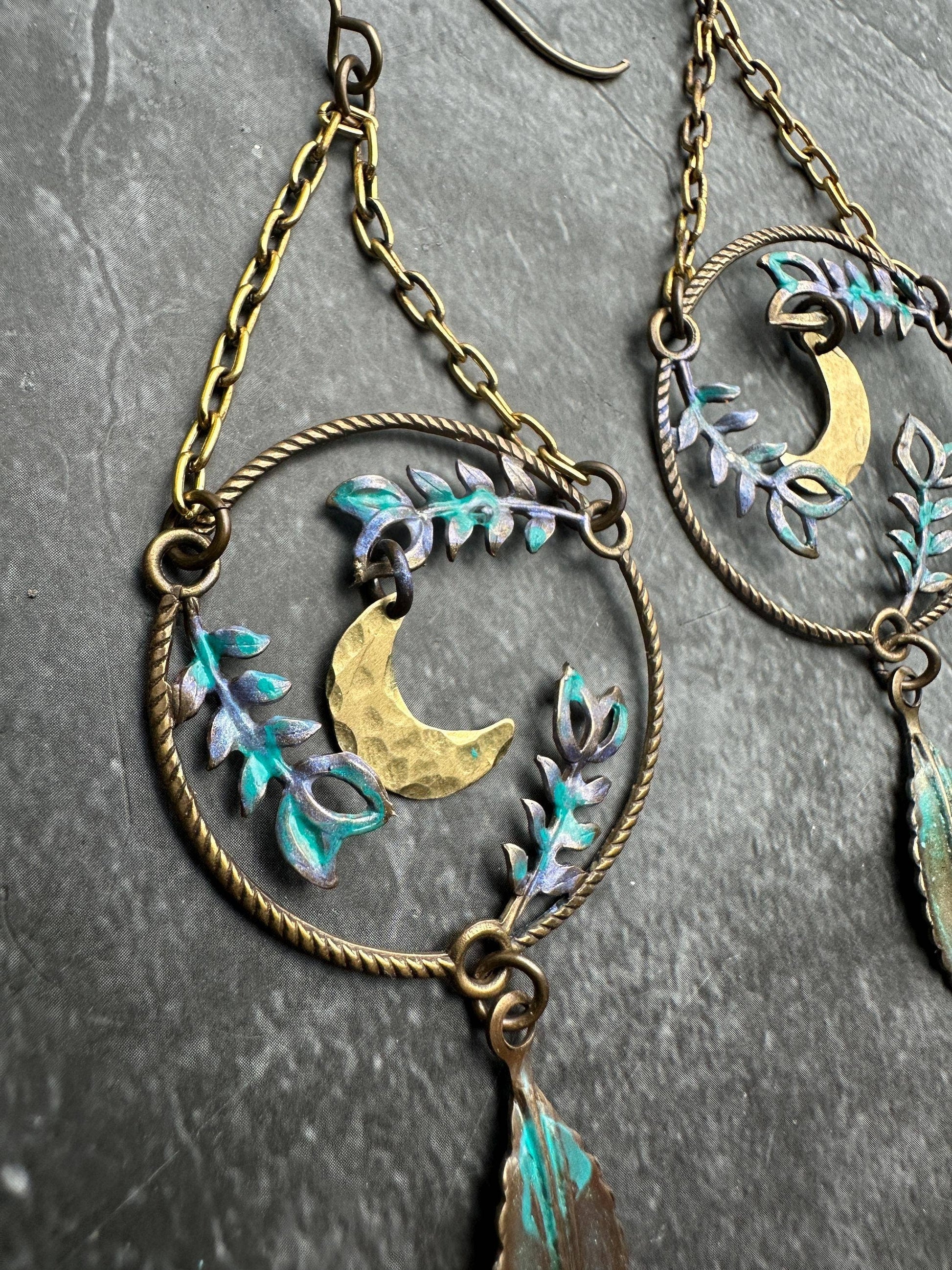 Fern Forest Moon Earrings - Iridescent Patina Brass