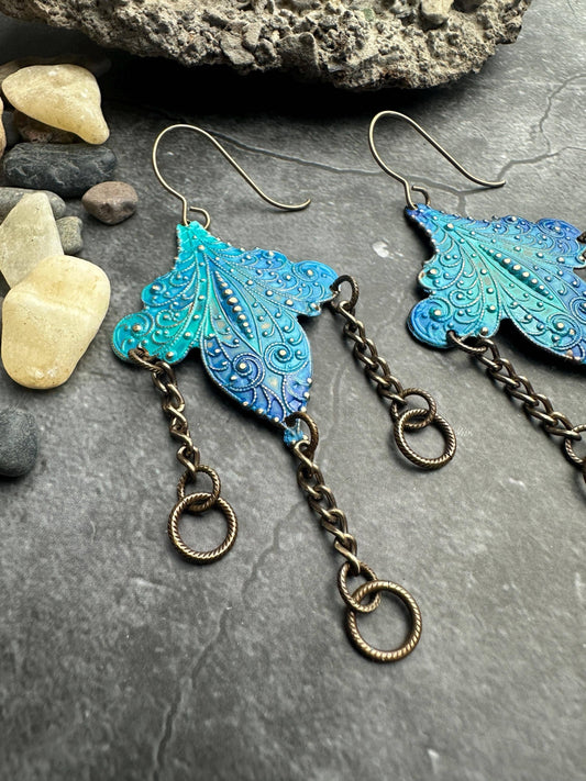 Ancient Fleur Earrings: Handmade Blue Patina Brass