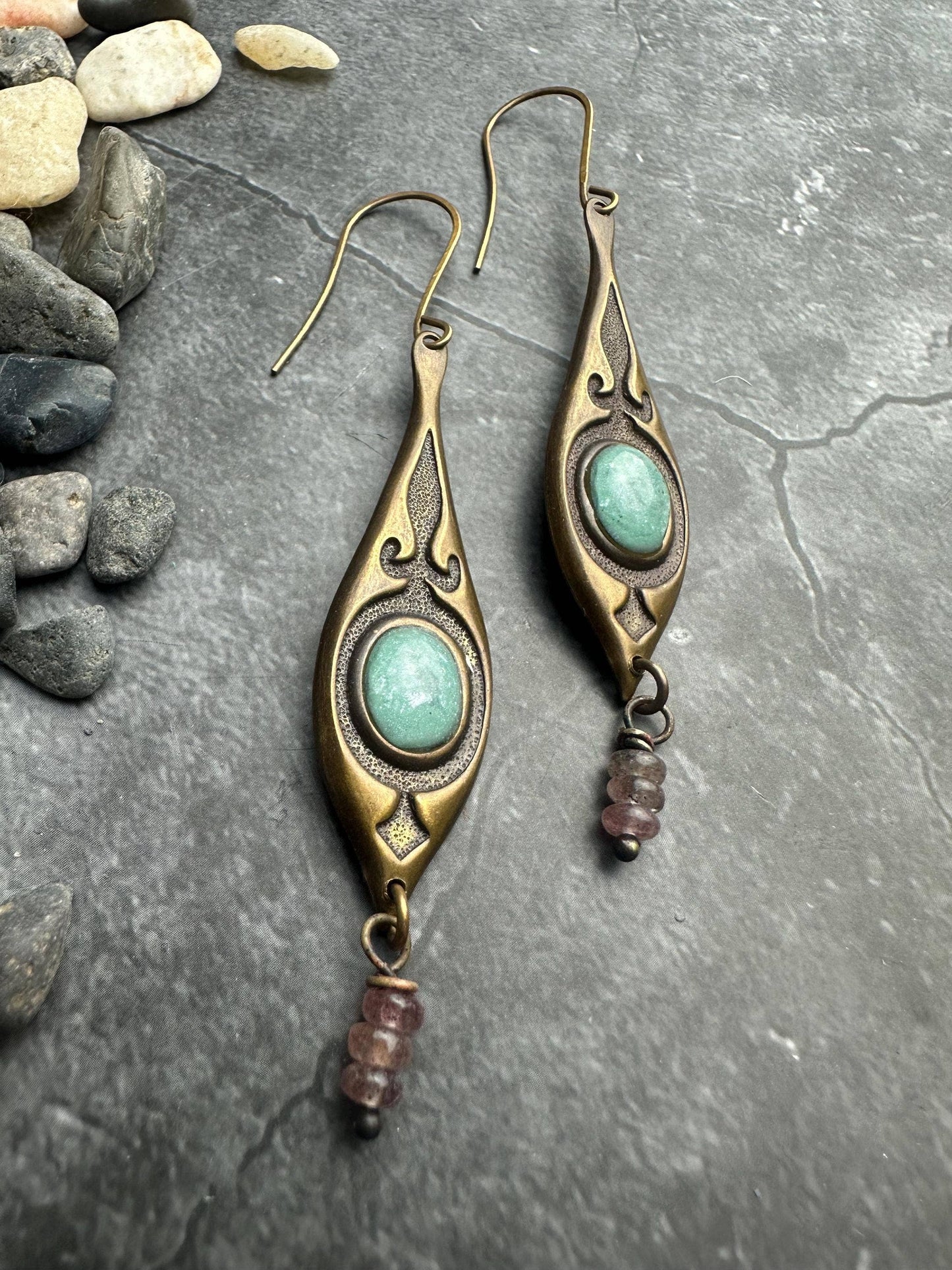 Nomad Queen Earrings - Brass Green Rose Quartz