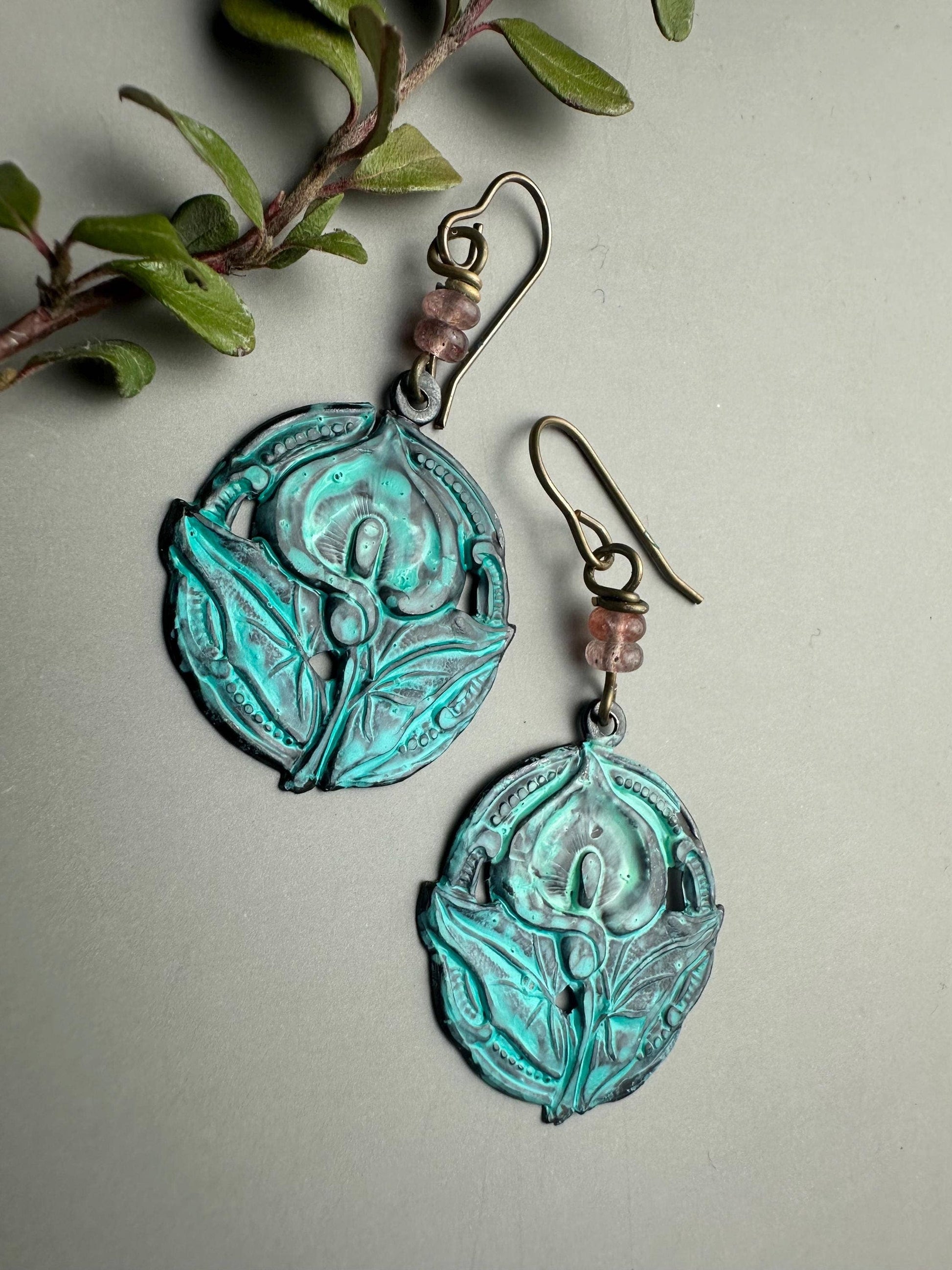 Verdigris Lily Earrings with Rose Quartz