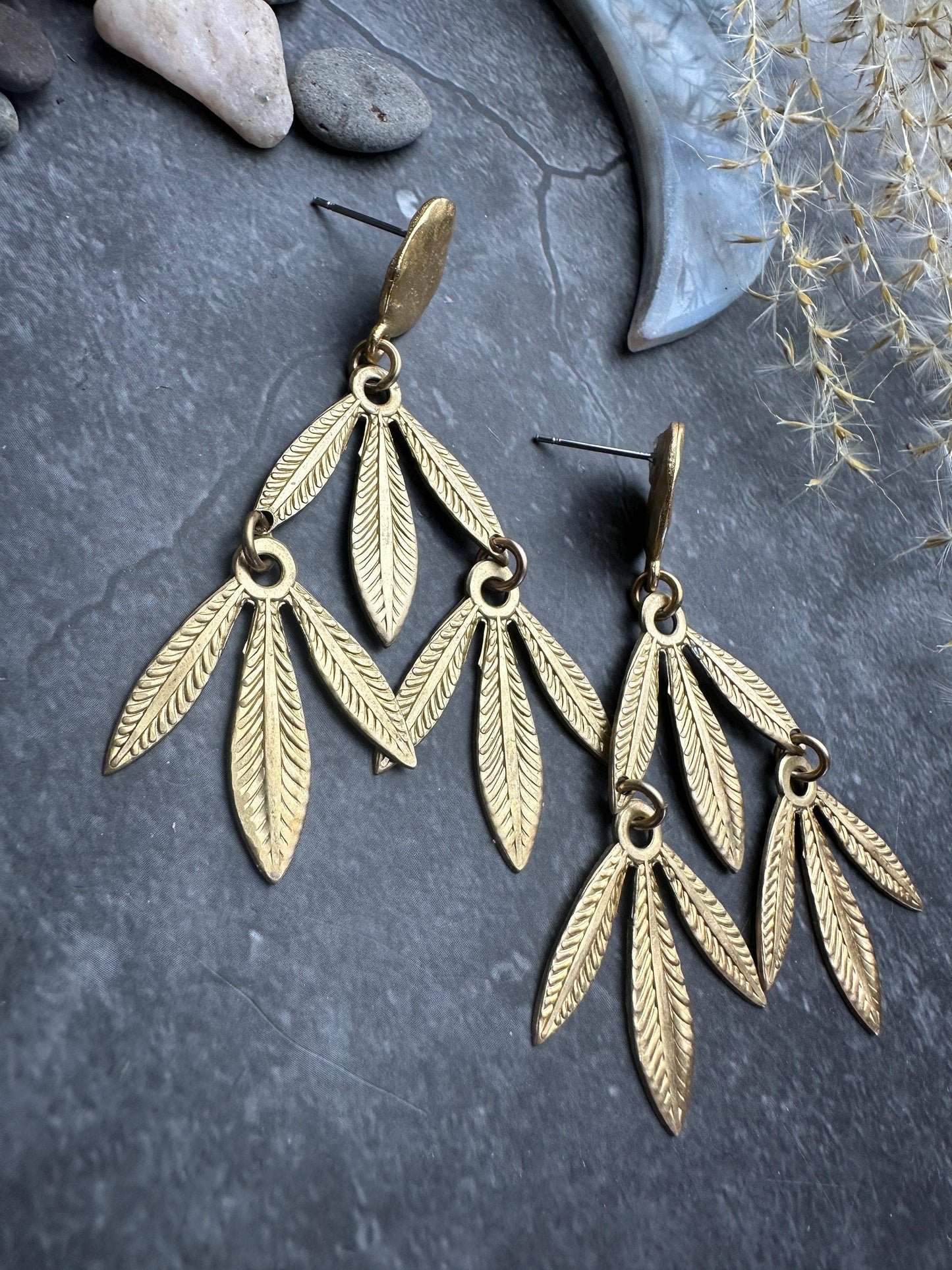 Palm leaf Post Dangle Earrings- Handmade Beaten Solid Brass