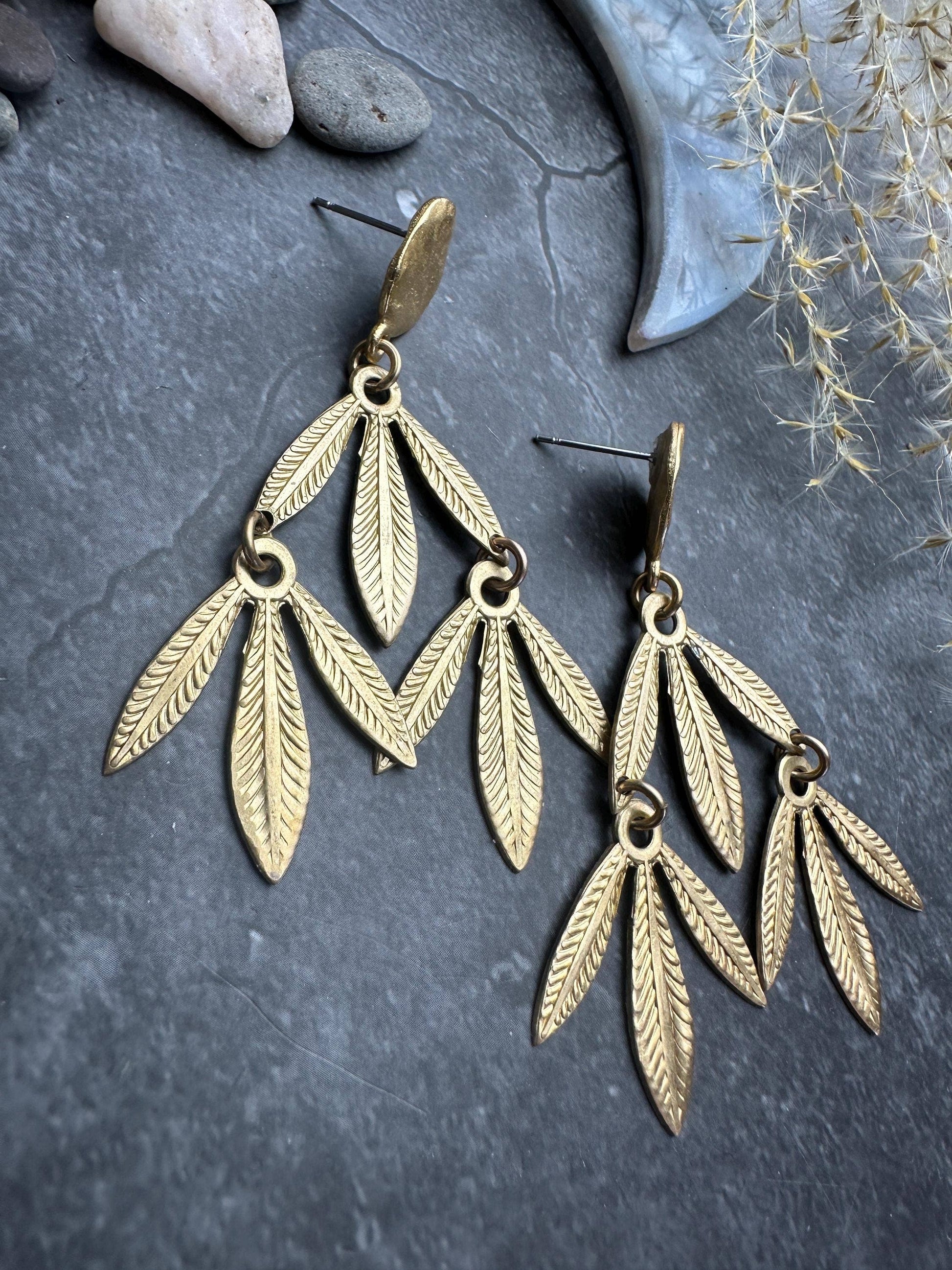 Palm leaf Post Dangle Earrings- Handmade Beaten Solid Brass