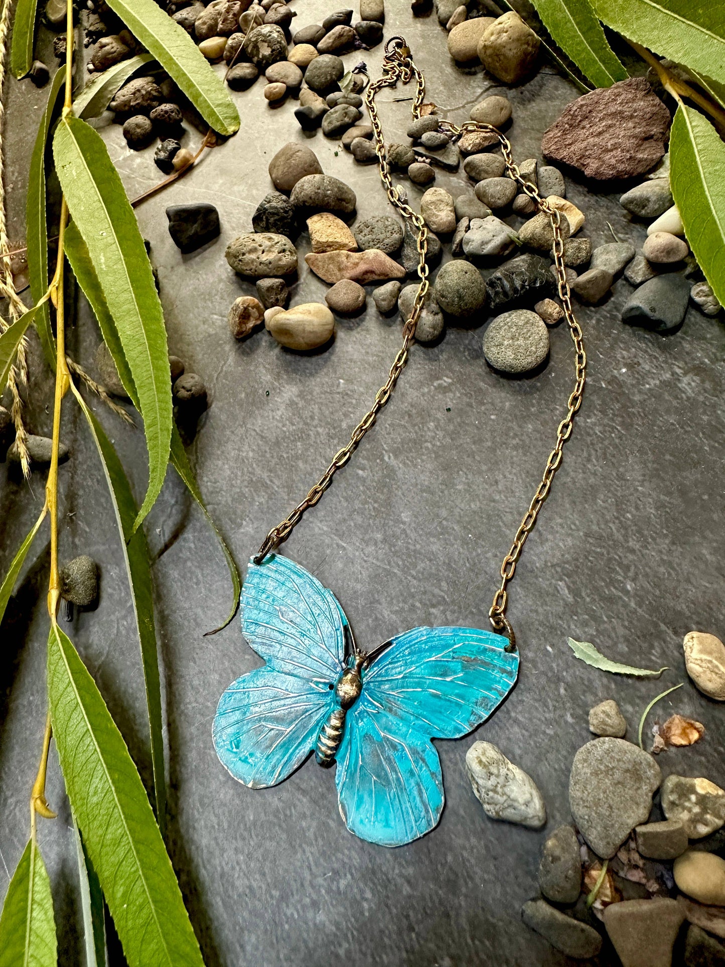 Verdigris Butterfly Necklace- Handmade Patina Solid Brass