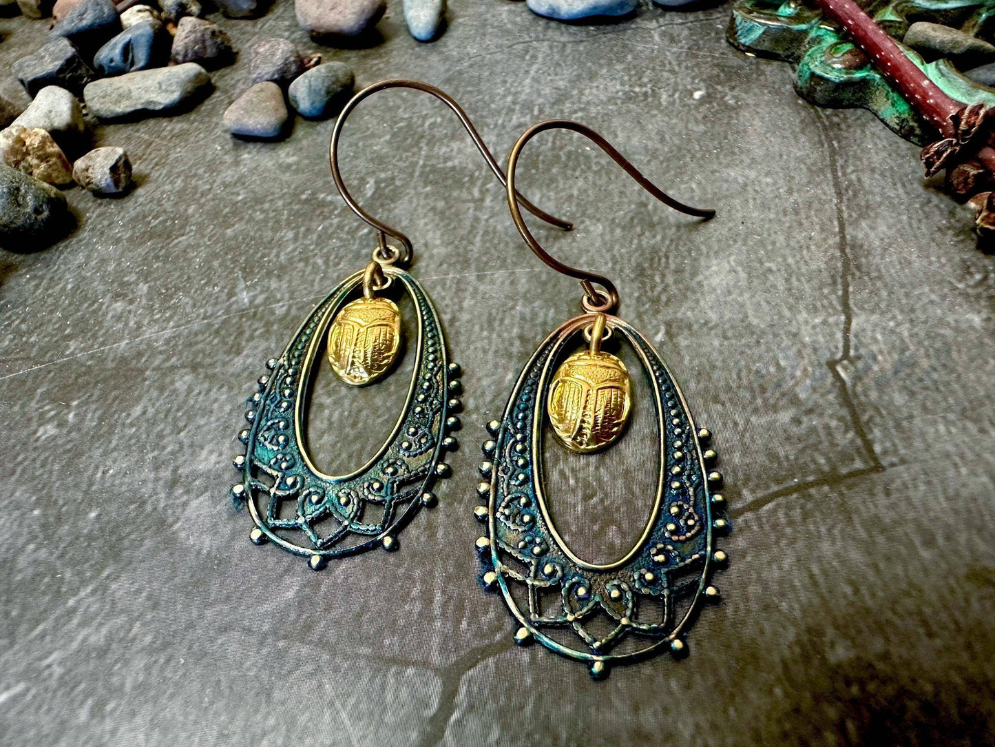 Scarab Beetle Earrings - Egyptian Inspired Brass Dangles