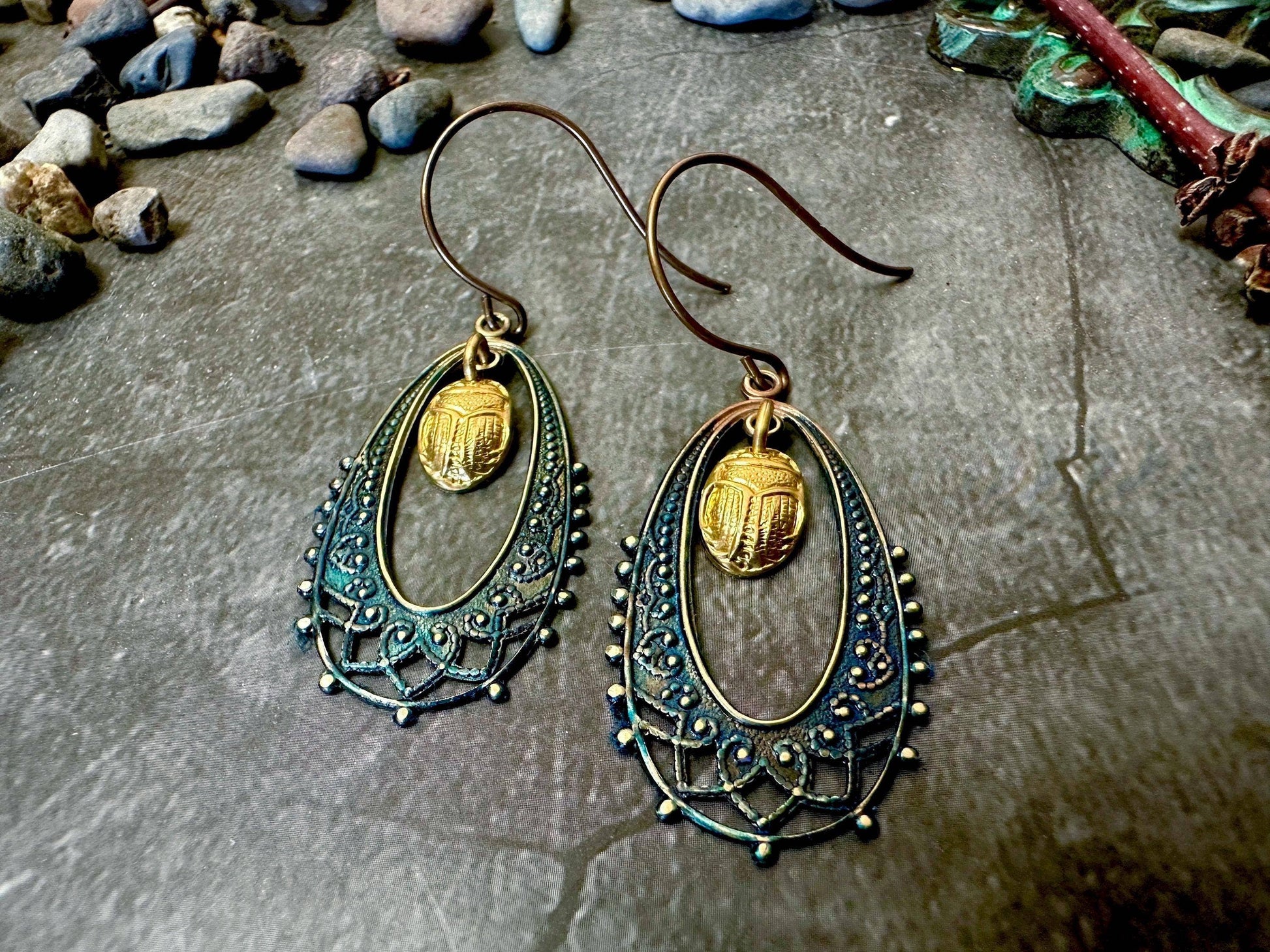 Scarab Beetle Earrings - Egyptian Inspired Brass Dangles